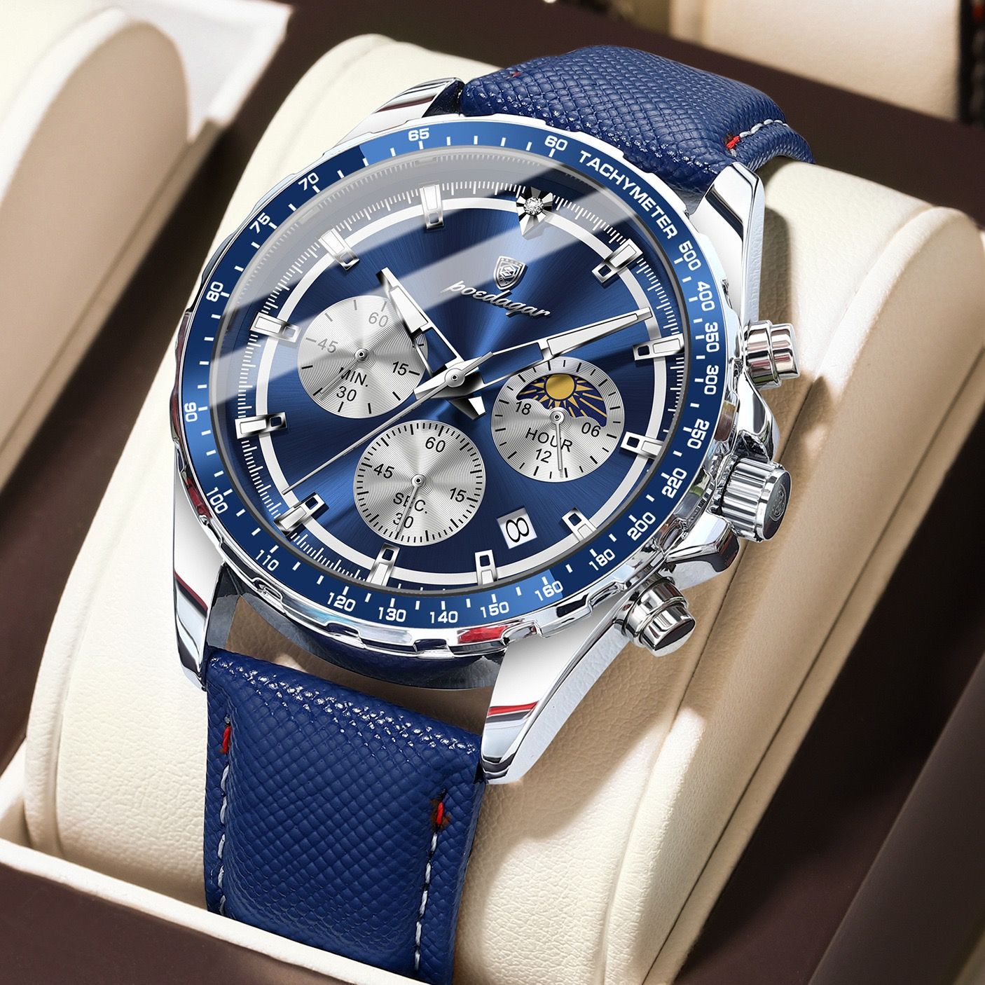 POEDAGAR 879 Casual Fashion Blue Genuine Leather Strap Quartz Watch Waterproof Luminous Hands Sport Reloj Wristwatch for Men