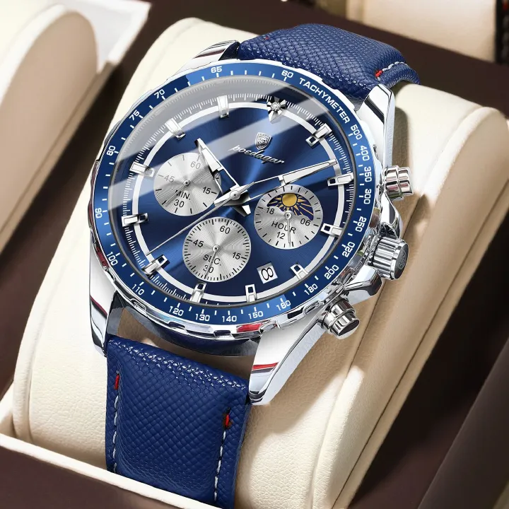 POEDAGAR 879 Casual Fashion Blue Genuine Leather Strap Quartz Watch Waterproof Luminous Hands Sport Reloj Wristwatch for Men