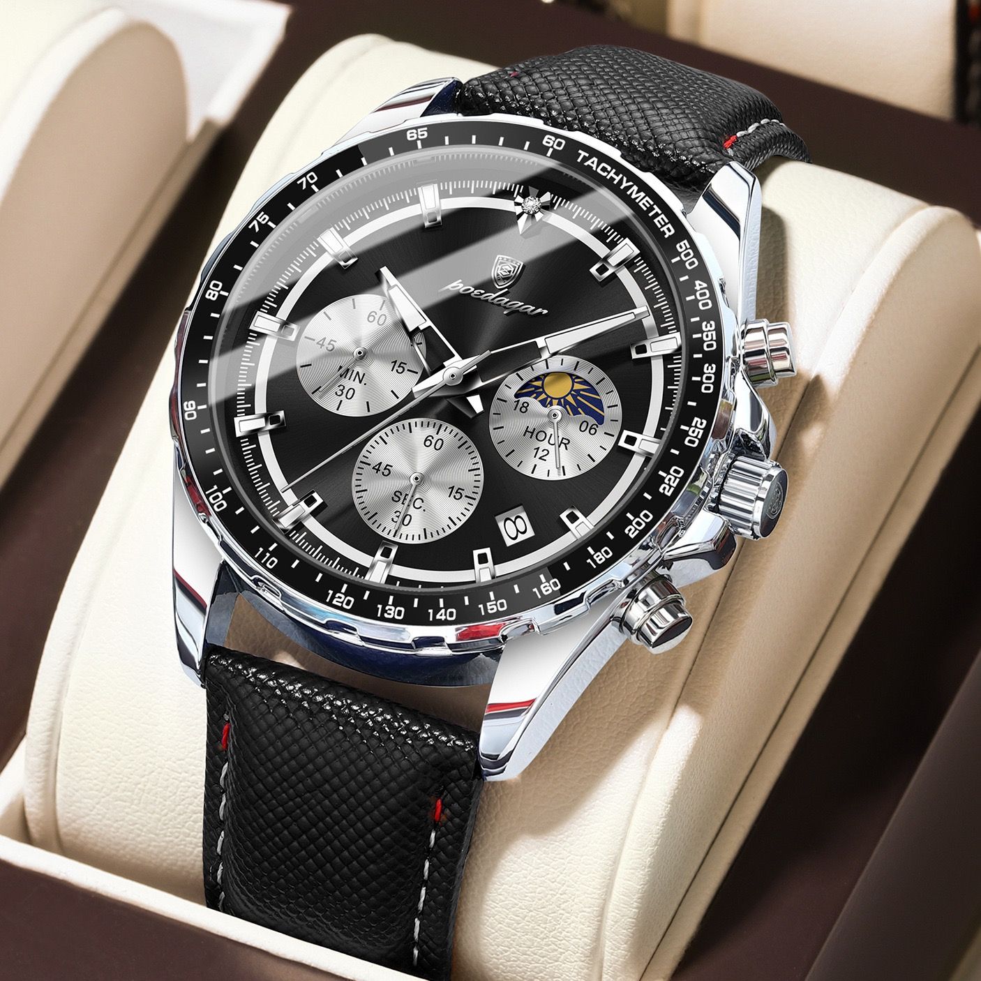 POEDAGAR 879 Casual Fashion Blue Genuine Leather Strap Quartz Watch Waterproof Luminous Hands Sport Reloj Wristwatch for Men