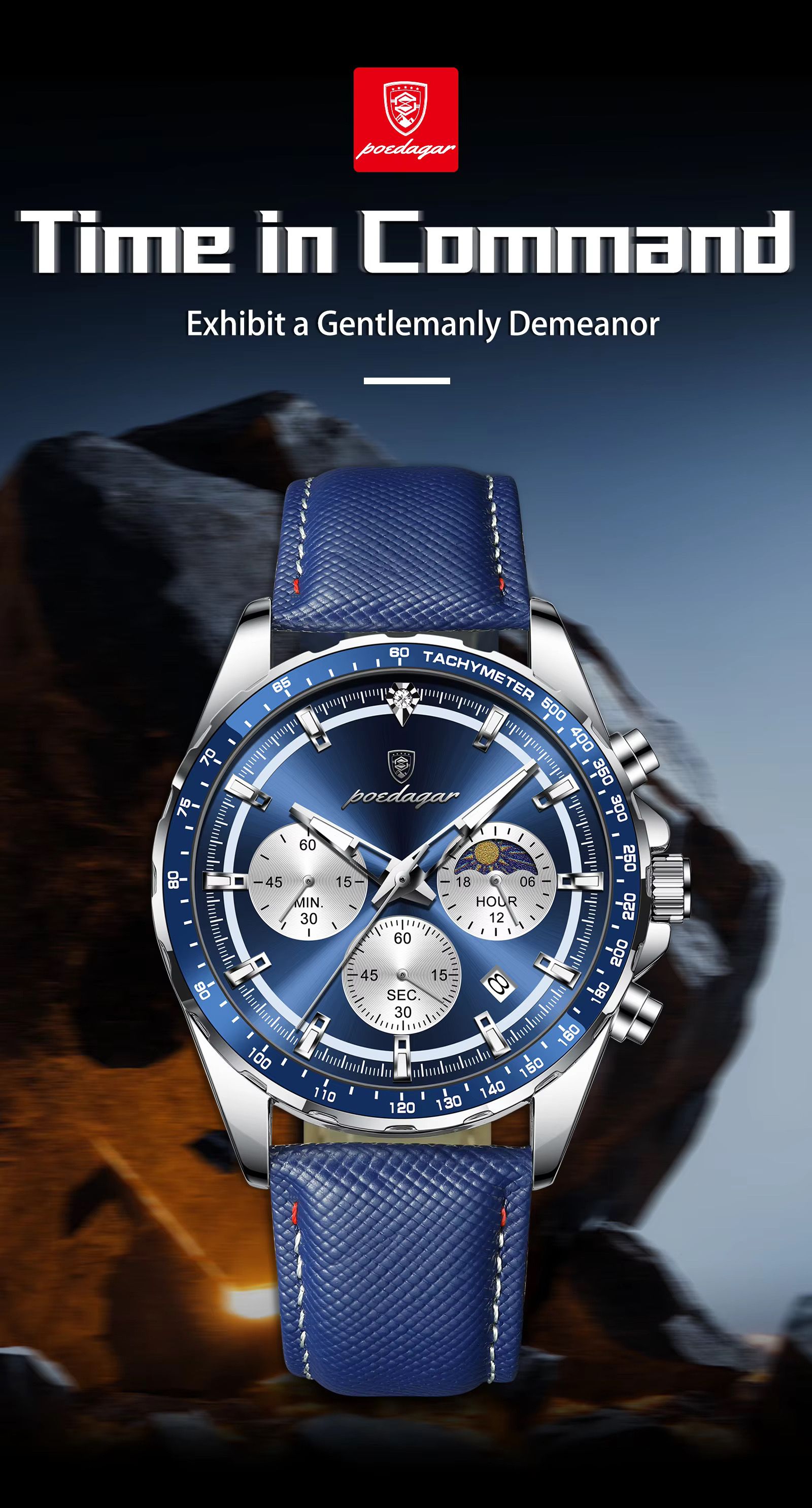 POEDAGAR 879 Casual Fashion Blue Genuine Leather Strap Quartz Watch Waterproof Luminous Hands Sport Reloj Wristwatch for Men