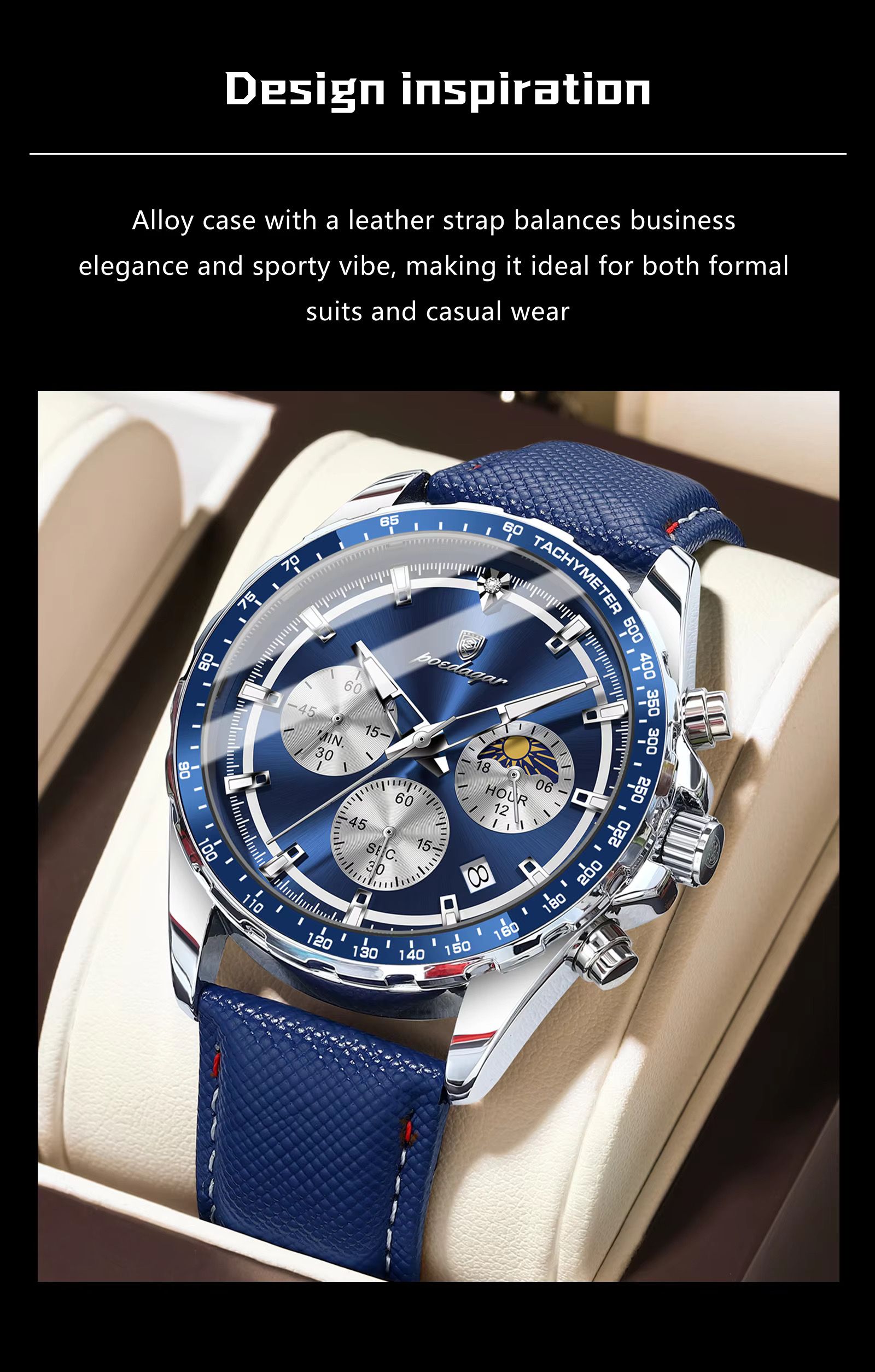 POEDAGAR 879 Casual Fashion Blue Genuine Leather Strap Quartz Watch Waterproof Luminous Hands Sport Reloj Wristwatch for Men