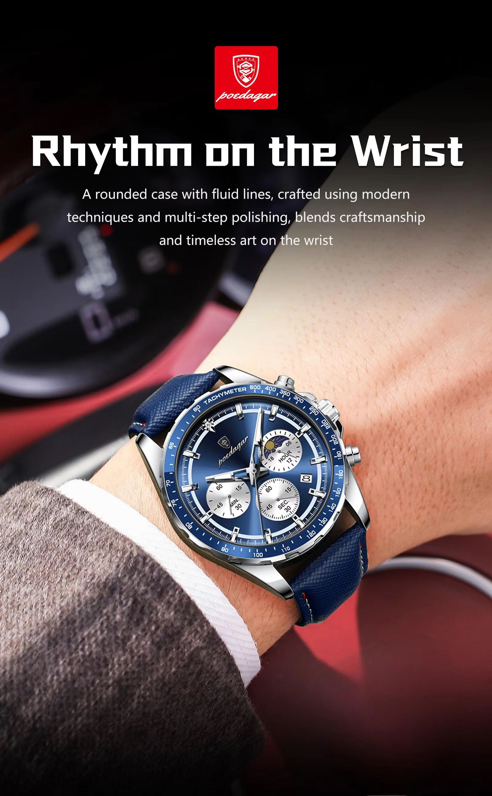 POEDAGAR 879 Casual Fashion Blue Genuine Leather Strap Quartz Watch Waterproof Luminous Hands Sport Reloj Wristwatch for Men