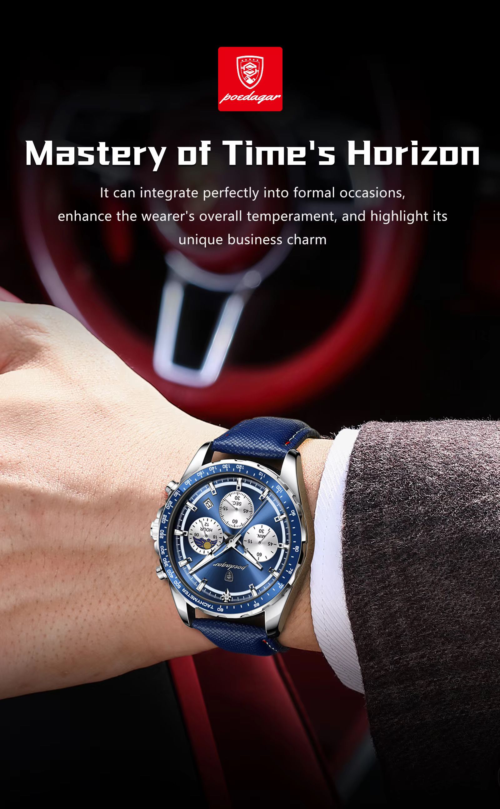 POEDAGAR 879 Casual Fashion Blue Genuine Leather Strap Quartz Watch Waterproof Luminous Hands Sport Reloj Wristwatch for Men