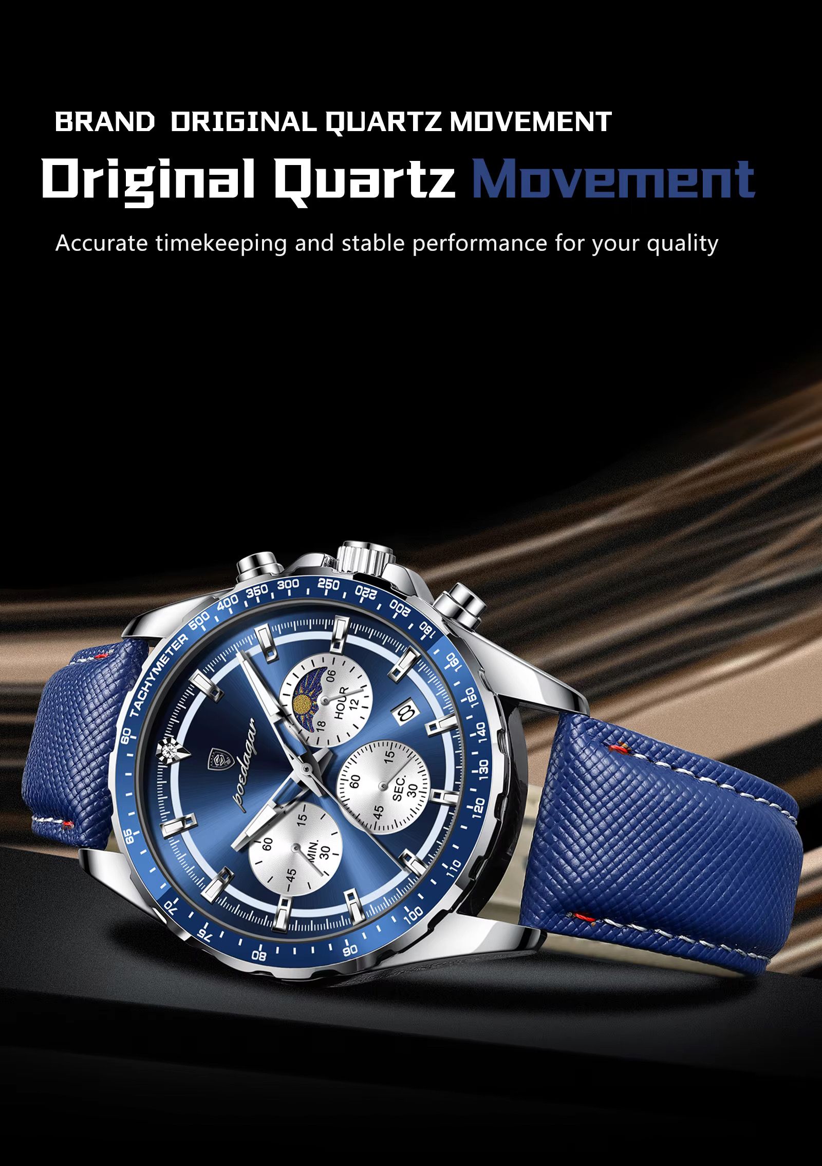 POEDAGAR 879 Casual Fashion Blue Genuine Leather Strap Quartz Watch Waterproof Luminous Hands Sport Reloj Wristwatch for Men