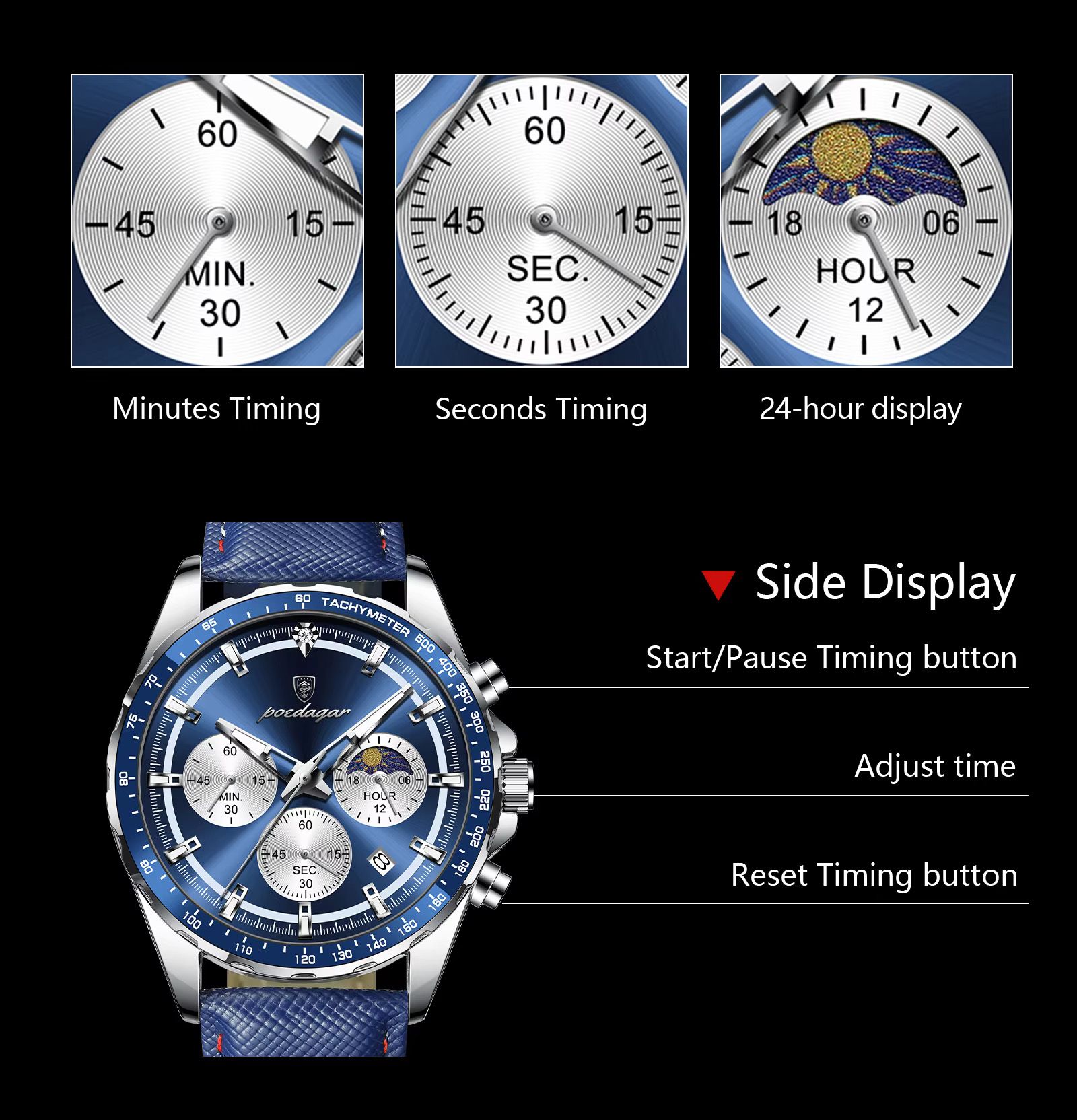 POEDAGAR 879 Casual Fashion Blue Genuine Leather Strap Quartz Watch Waterproof Luminous Hands Sport Reloj Wristwatch for Men