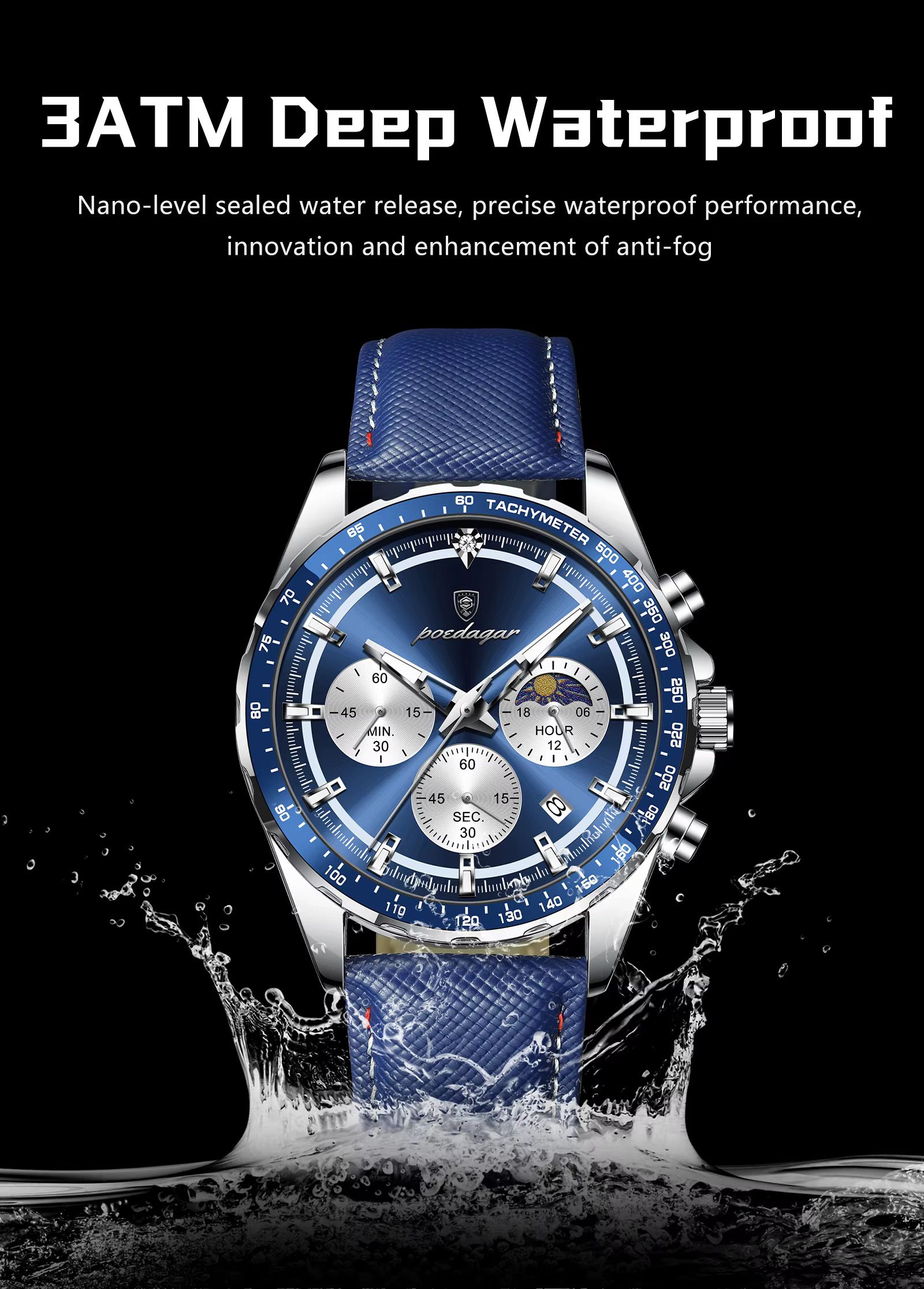 POEDAGAR 879 Casual Fashion Blue Genuine Leather Strap Quartz Watch Waterproof Luminous Hands Sport Reloj Wristwatch for Men