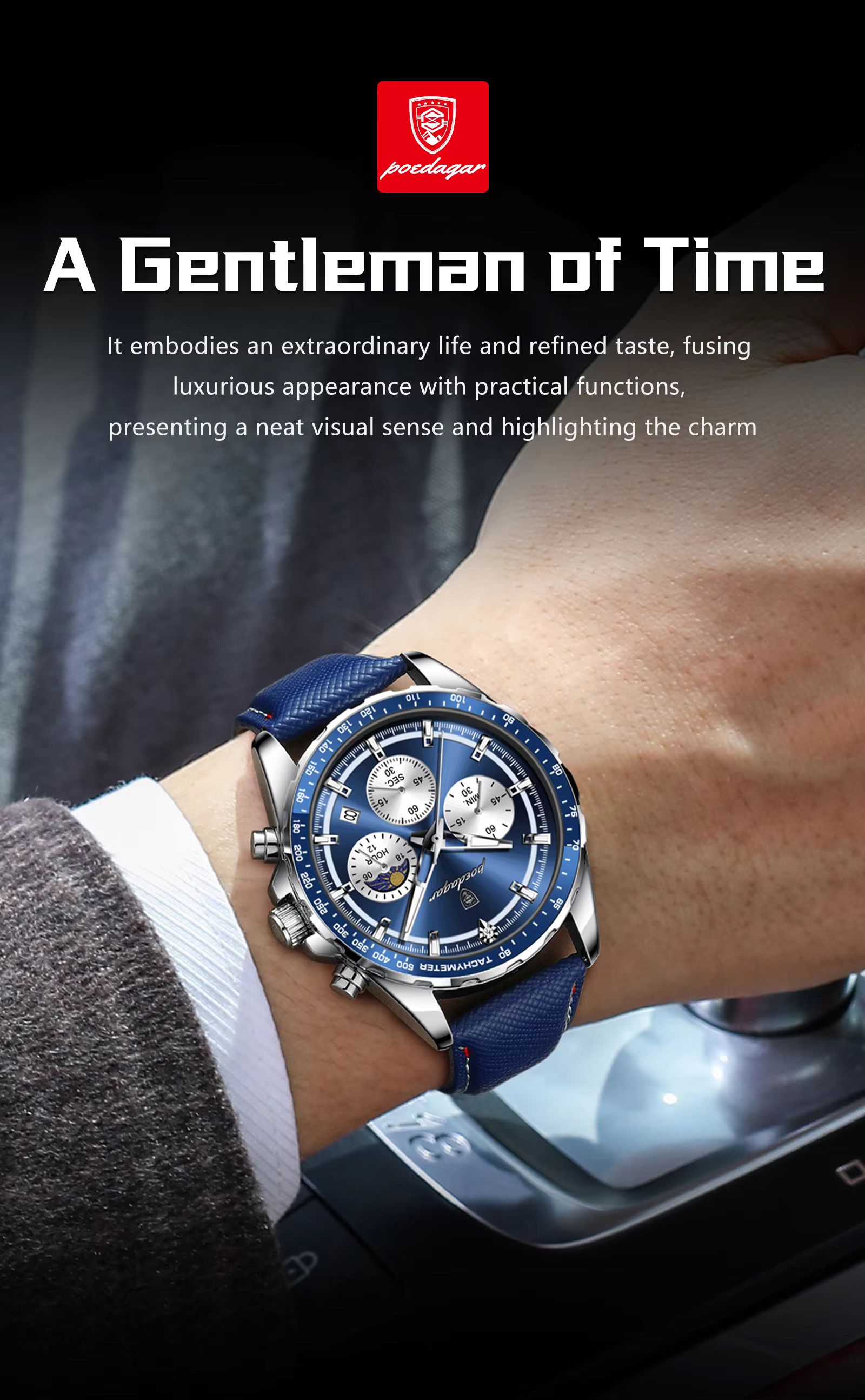 POEDAGAR 879 Casual Fashion Blue Genuine Leather Strap Quartz Watch Waterproof Luminous Hands Sport Reloj Wristwatch for Men