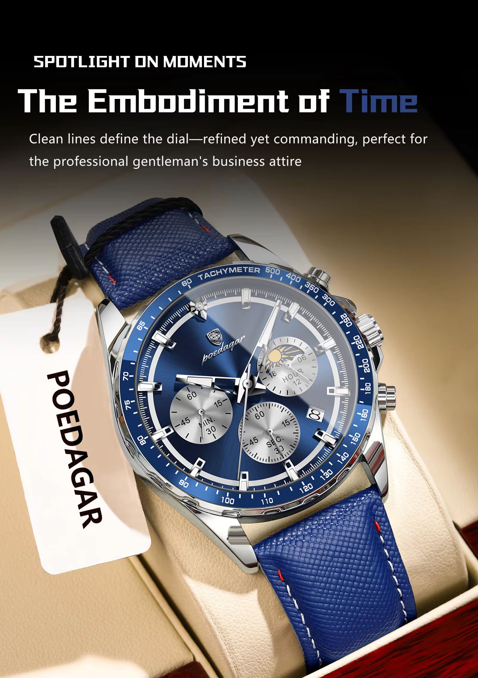 POEDAGAR 879 Casual Fashion Blue Genuine Leather Strap Quartz Watch Waterproof Luminous Hands Sport Reloj Wristwatch for Men