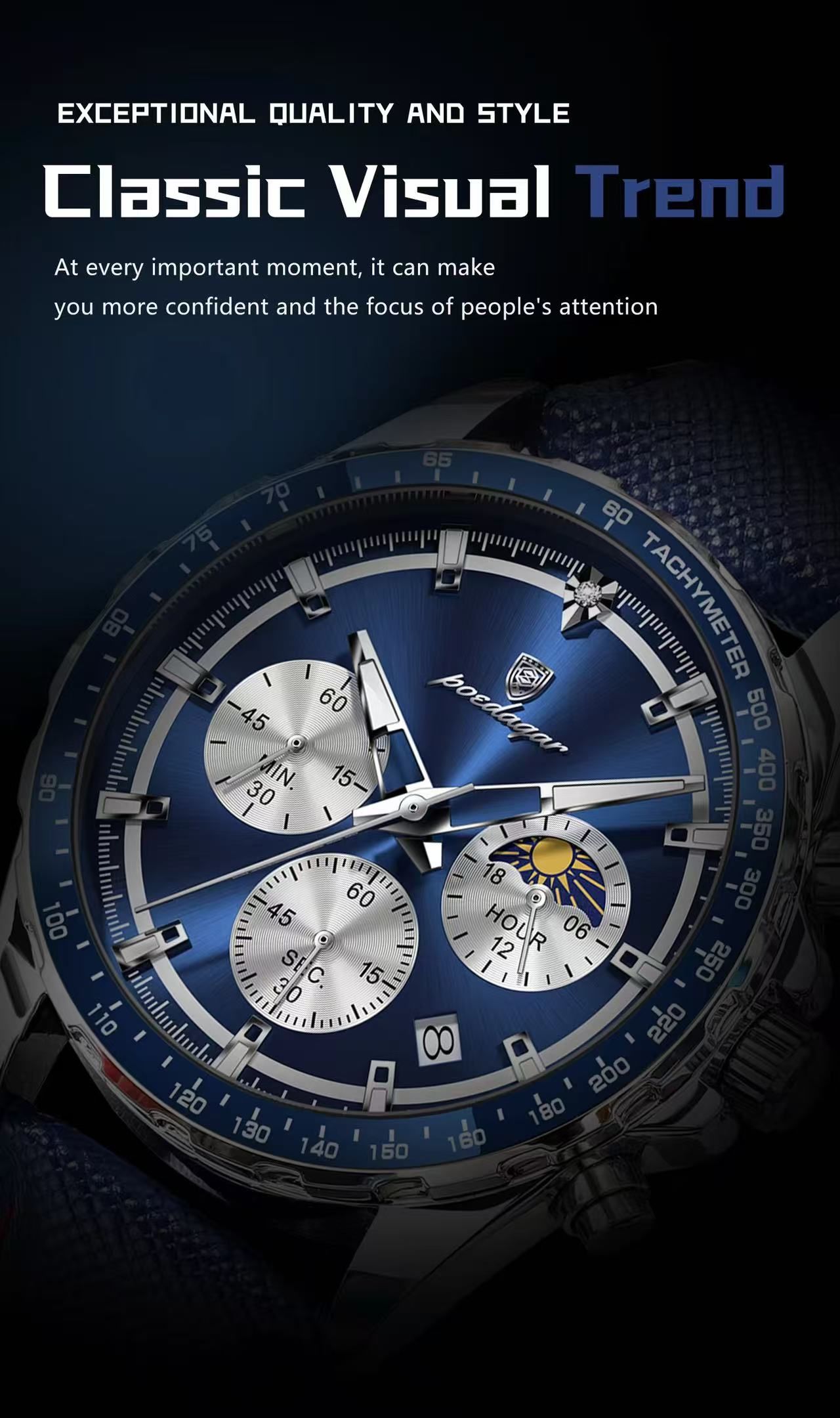 POEDAGAR 879 Casual Fashion Blue Genuine Leather Strap Quartz Watch Waterproof Luminous Hands Sport Reloj Wristwatch for Men