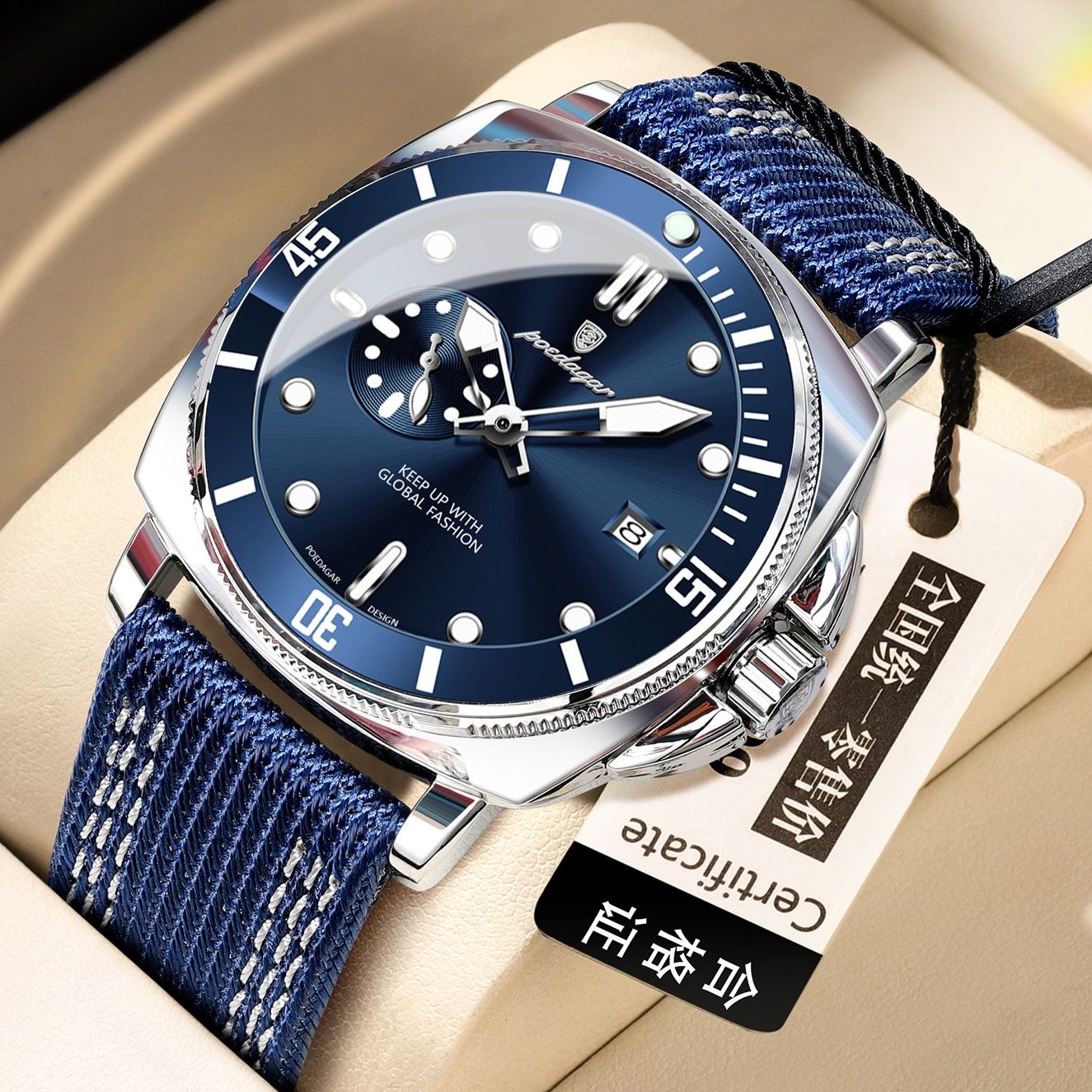 POEDAGAR 873 Hardlex Dial Nylon Strap Quartz Watch Date Calendar Luminous Hands 3ATM Deep Waterproof Business Watches for Men