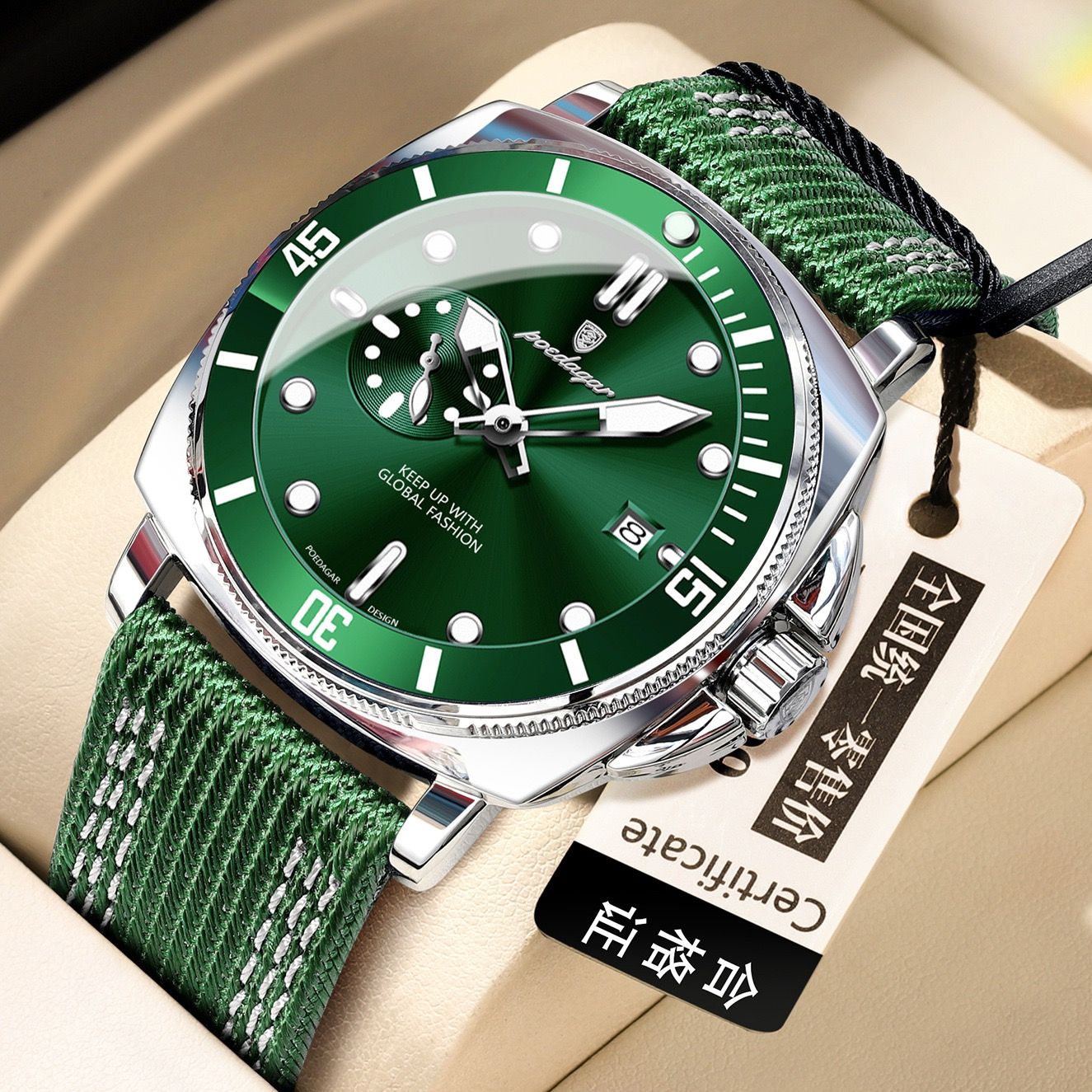 POEDAGAR 873 Hardlex Dial Nylon Strap Quartz Watch Date Calendar Luminous Hands 3ATM Deep Waterproof Business Watches for Men