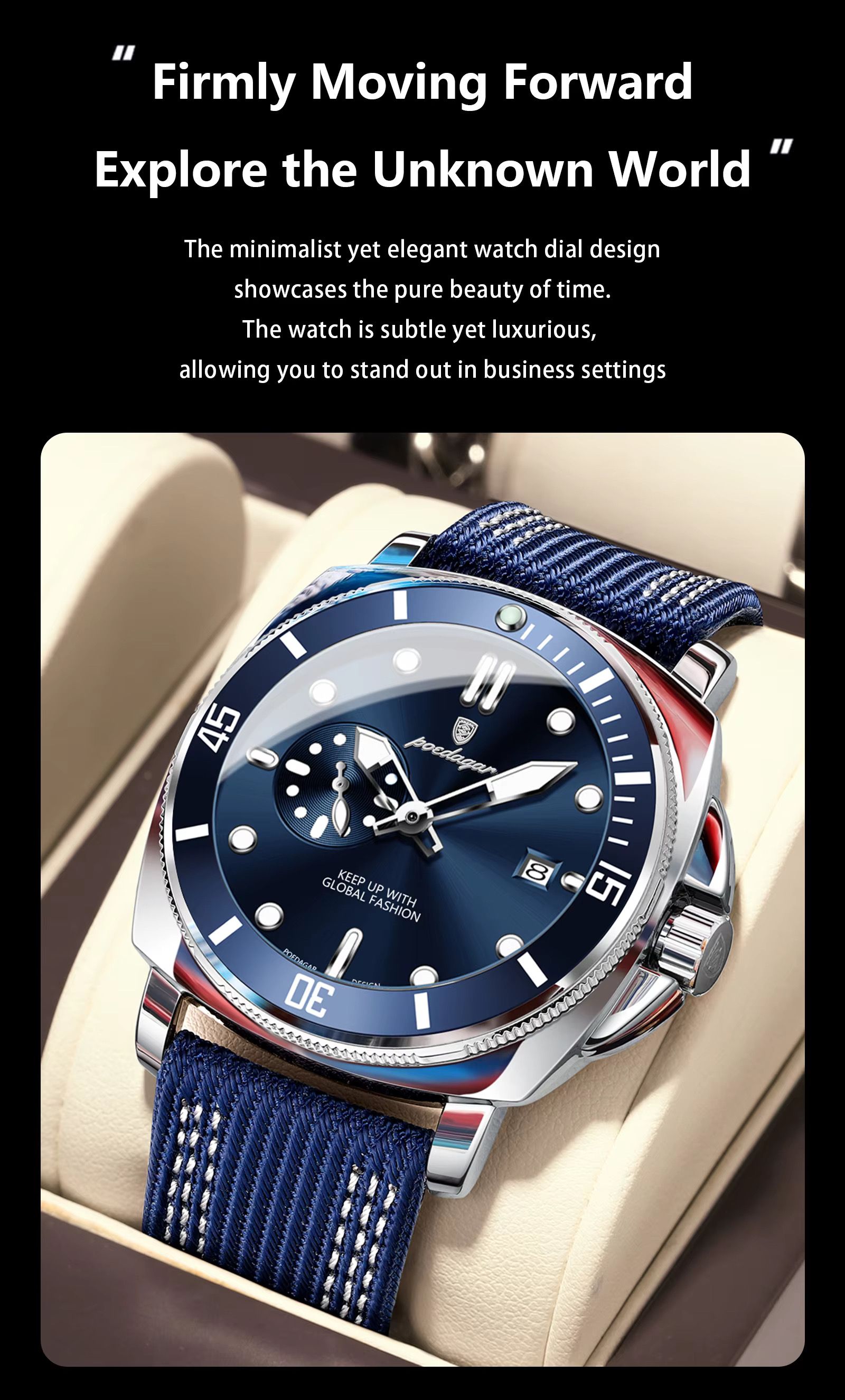 POEDAGAR 873 Hardlex Dial Nylon Strap Quartz Watch Date Calendar Luminous Hands 3ATM Deep Waterproof Business Watches for Men