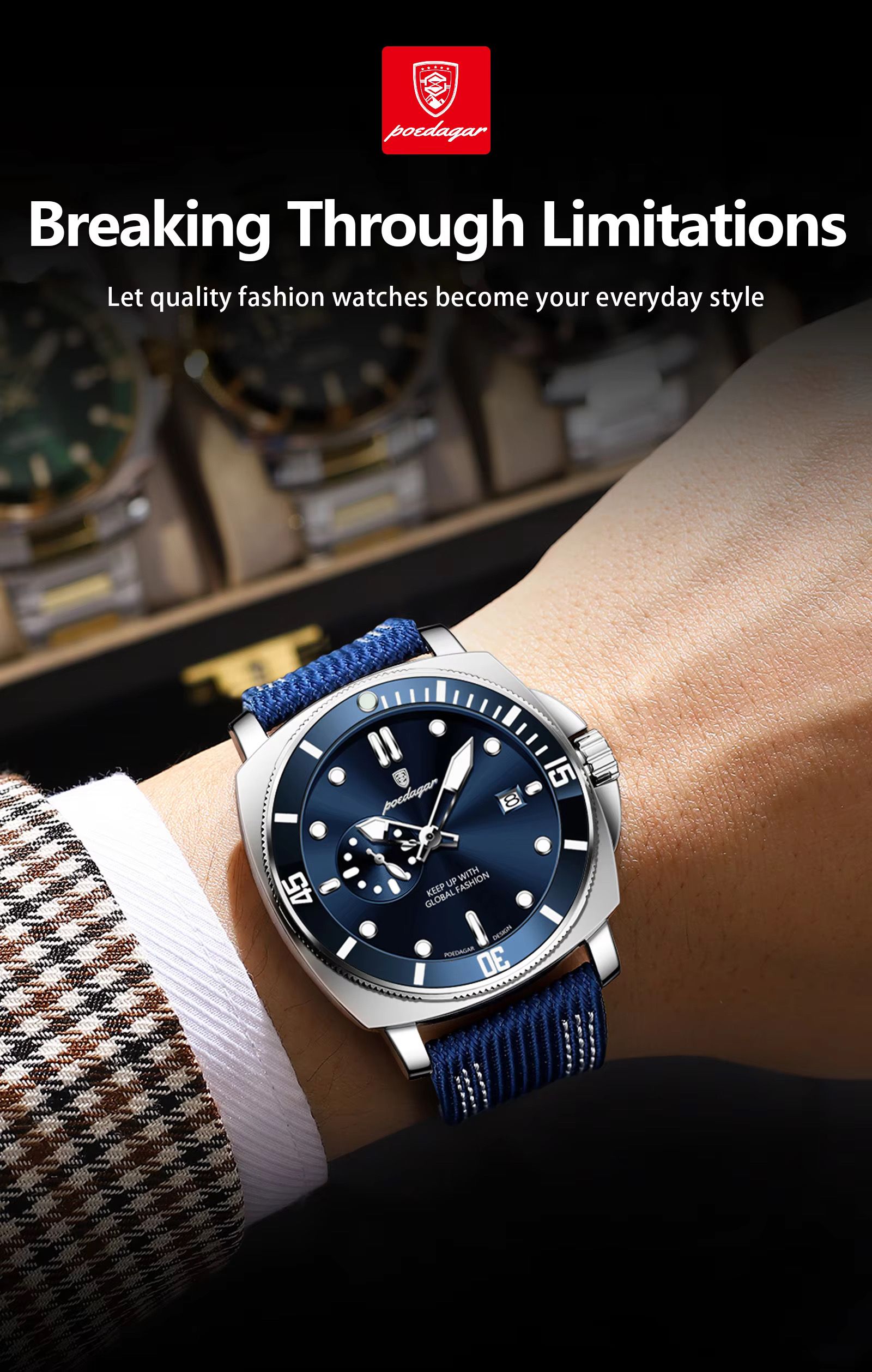 POEDAGAR 873 Hardlex Dial Nylon Strap Quartz Watch Date Calendar Luminous Hands 3ATM Deep Waterproof Business Watches for Men