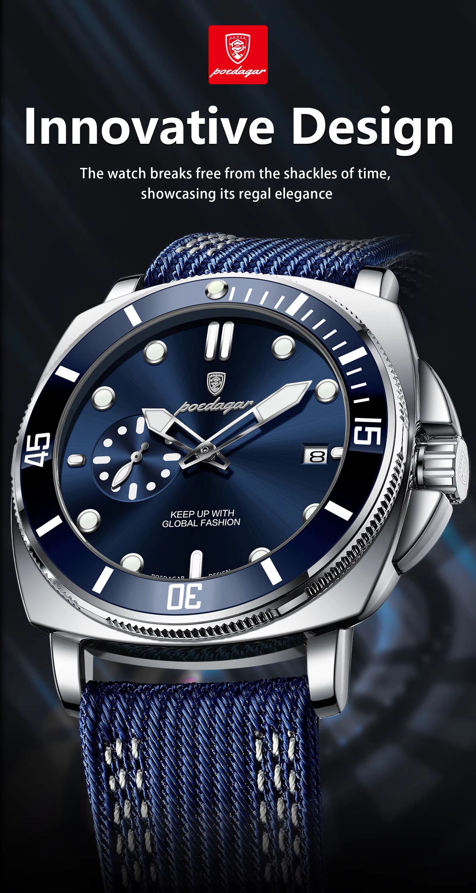 POEDAGAR 873 Hardlex Dial Nylon Strap Quartz Watch Date Calendar Luminous Hands 3ATM Deep Waterproof Business Watches for Men