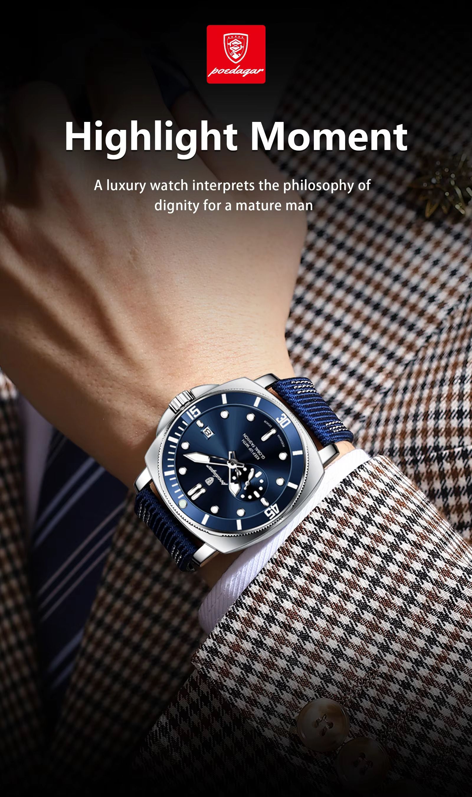 POEDAGAR 873 Hardlex Dial Nylon Strap Quartz Watch Date Calendar Luminous Hands 3ATM Deep Waterproof Business Watches for Men