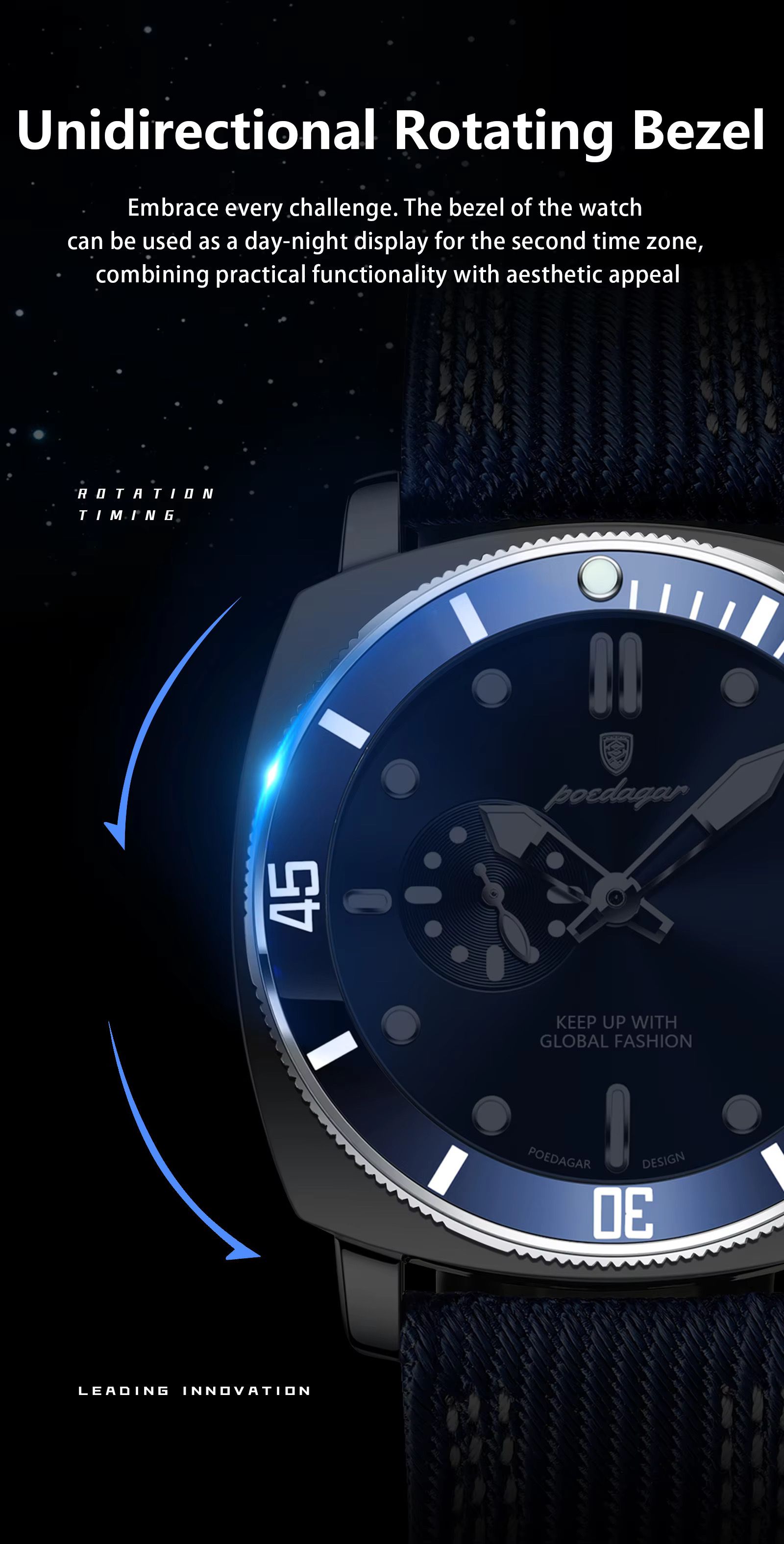 POEDAGAR 873 Hardlex Dial Nylon Strap Quartz Watch Date Calendar Luminous Hands 3ATM Deep Waterproof Business Watches for Men