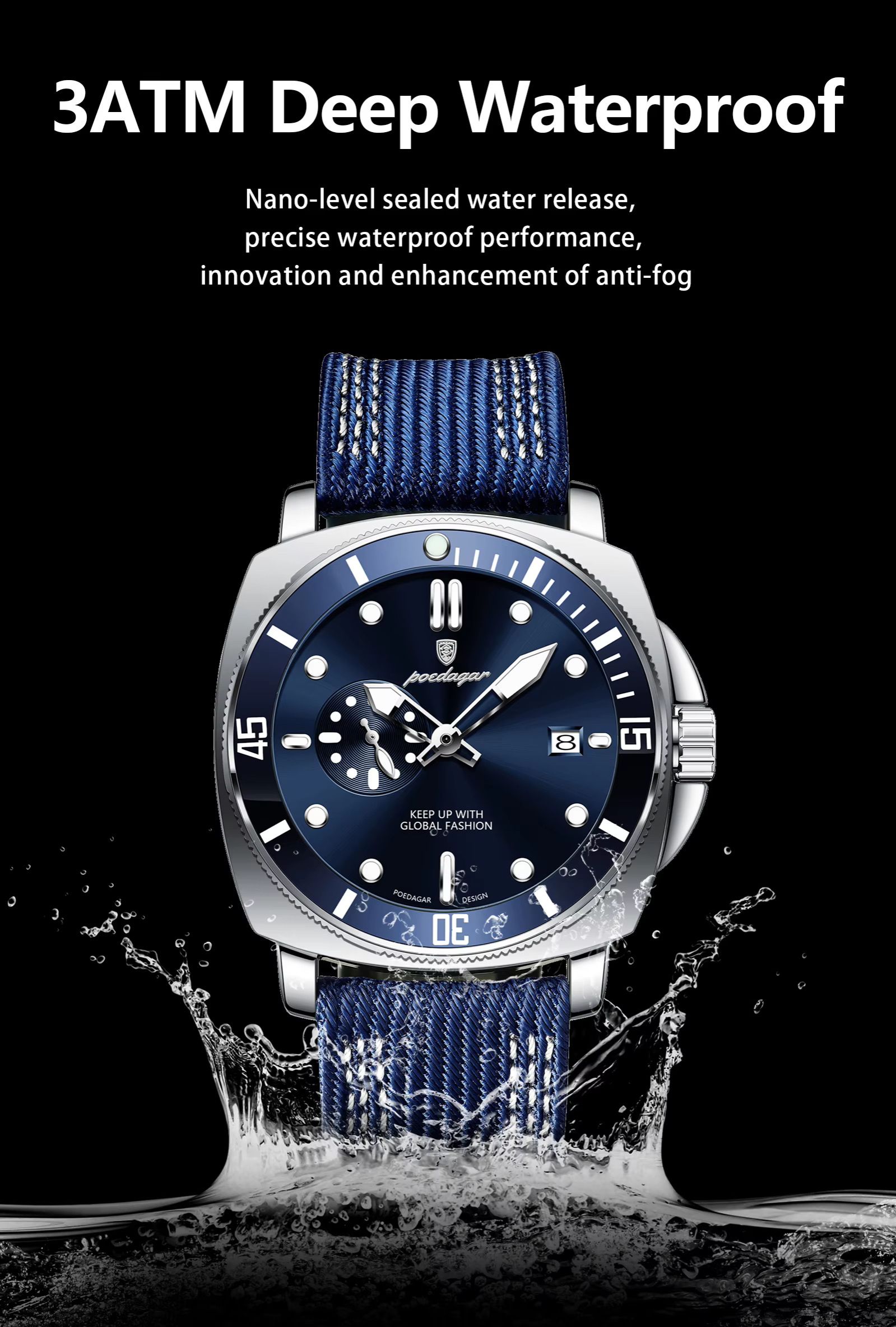 POEDAGAR 873 Hardlex Dial Nylon Strap Quartz Watch Date Calendar Luminous Hands 3ATM Deep Waterproof Business Watches for Men