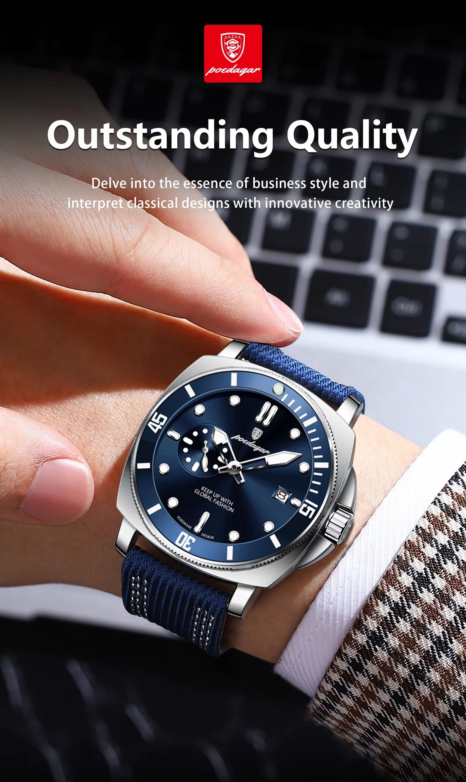 POEDAGAR 873 Hardlex Dial Nylon Strap Quartz Watch Date Calendar Luminous Hands 3ATM Deep Waterproof Business Watches for Men