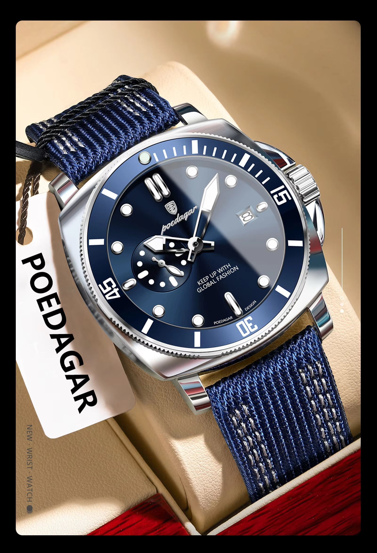 POEDAGAR 873 Hardlex Dial Nylon Strap Quartz Watch Date Calendar Luminous Hands 3ATM Deep Waterproof Business Watches for Men