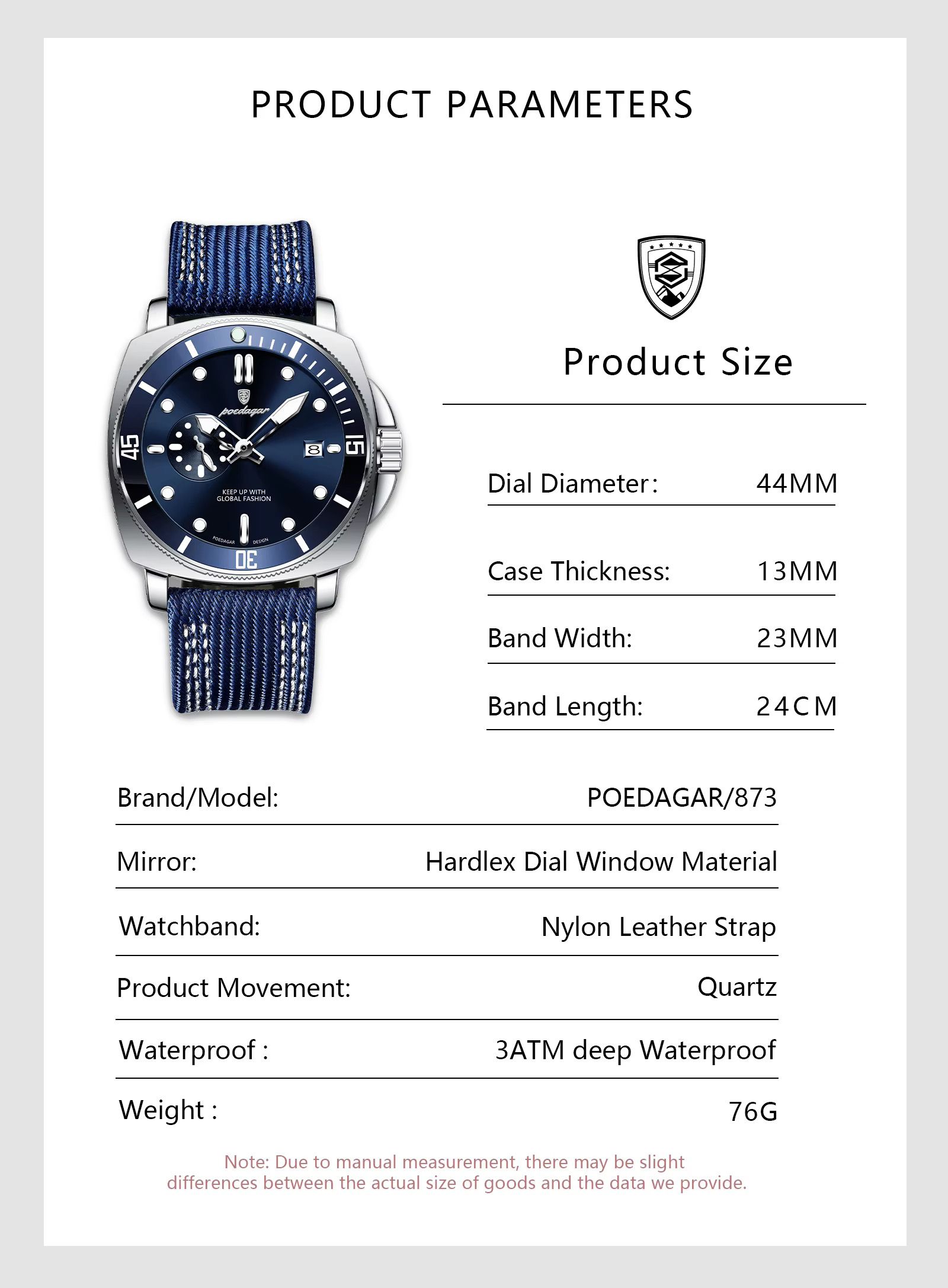 POEDAGAR 873 Hardlex Dial Nylon Strap Quartz Watch Date Calendar Luminous Hands 3ATM Deep Waterproof Business Watches for Men