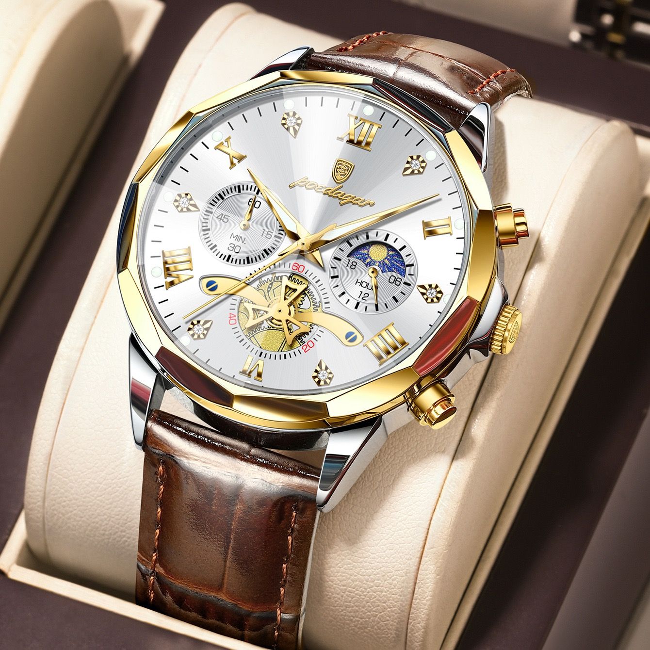 POEDAGAR 938 Men Watches Luxury Fashion Leather Belt Original Quartz Wristwatch for Man Luminous Chronograph Waterproof Watch