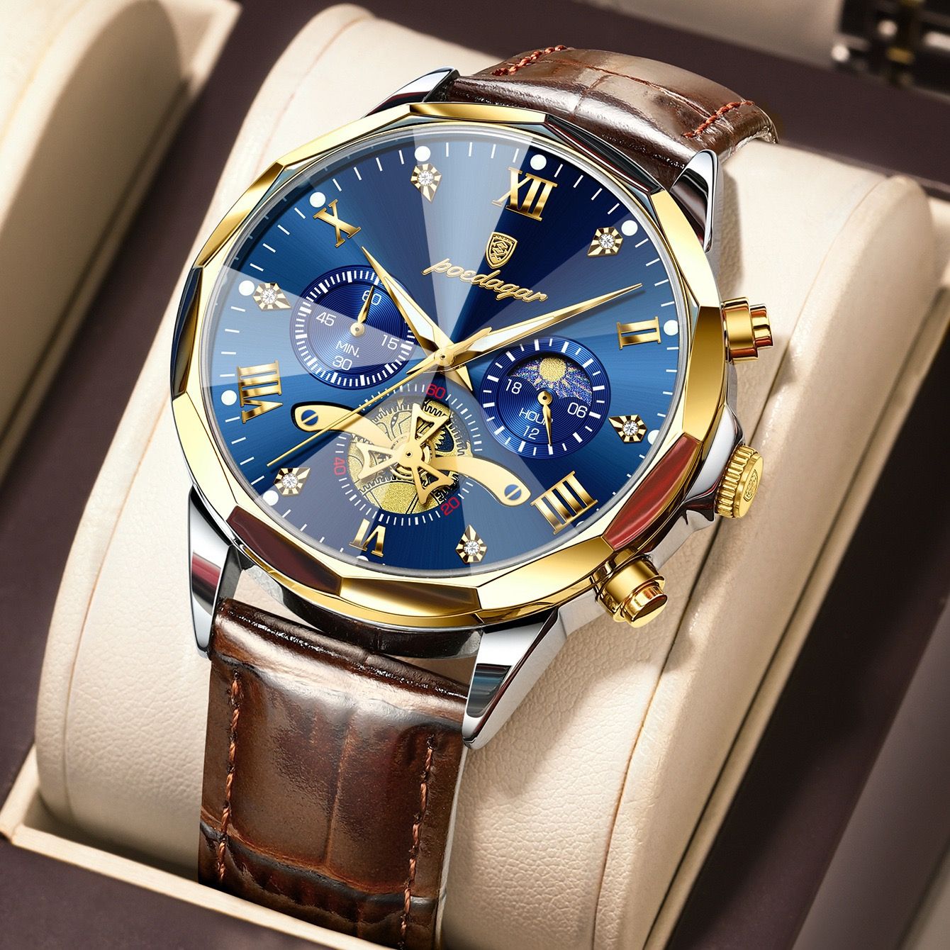 POEDAGAR 938 Men Watches Luxury Fashion Leather Belt Original Quartz Wristwatch for Man Luminous Chronograph Waterproof Watch