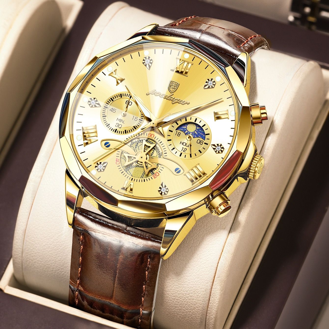 POEDAGAR 938 Men Watches Luxury Fashion Leather Belt Original Quartz Wristwatch for Man Luminous Chronograph Waterproof Watch