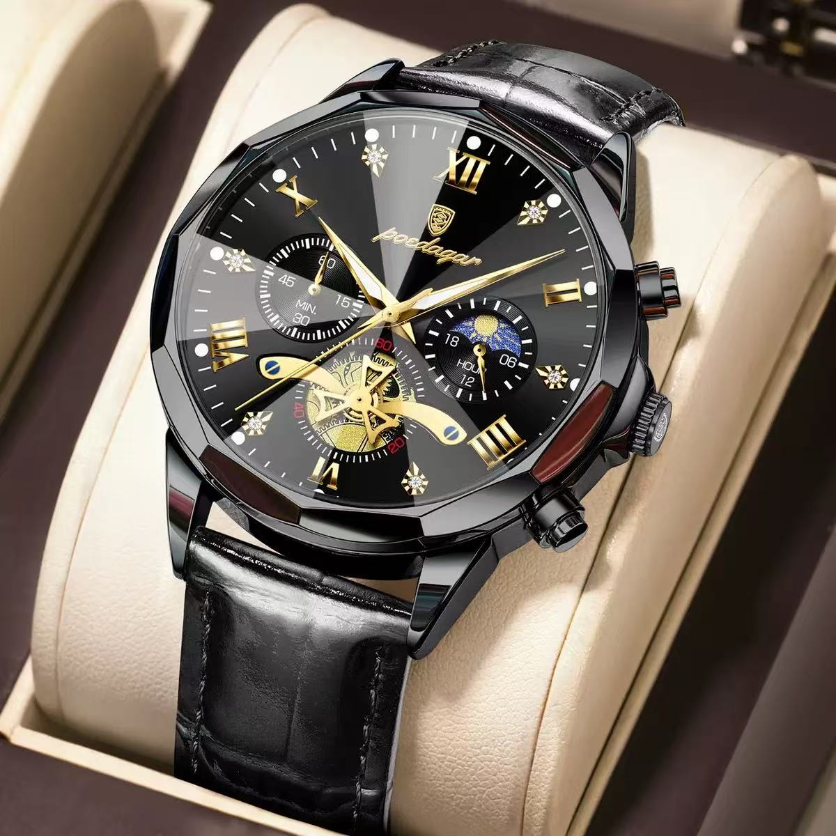 POEDAGAR 938 Men Watches Luxury Fashion Leather Belt Original Quartz Wristwatch for Man Luminous Chronograph Waterproof Watch