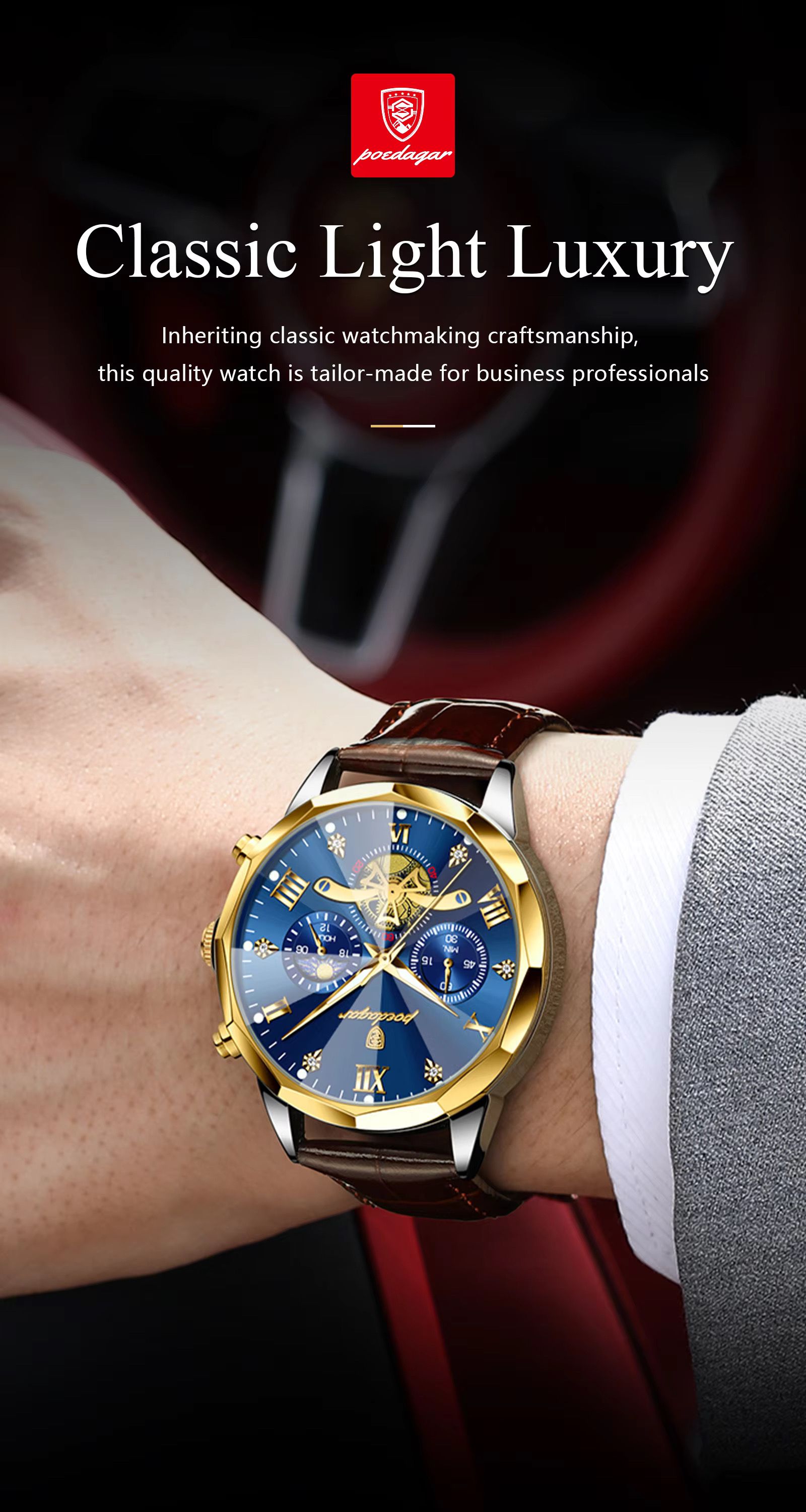 POEDAGAR 938 Men Watches Luxury Fashion Leather Belt Original Quartz Wristwatch for Man Luminous Chronograph Waterproof Watch