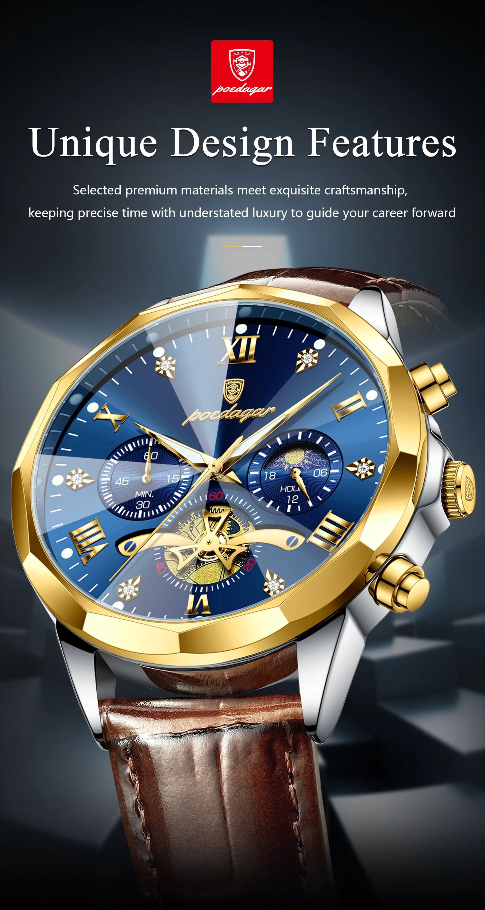 POEDAGAR 938 Men Watches Luxury Fashion Leather Belt Original Quartz Wristwatch for Man Luminous Chronograph Waterproof Watch