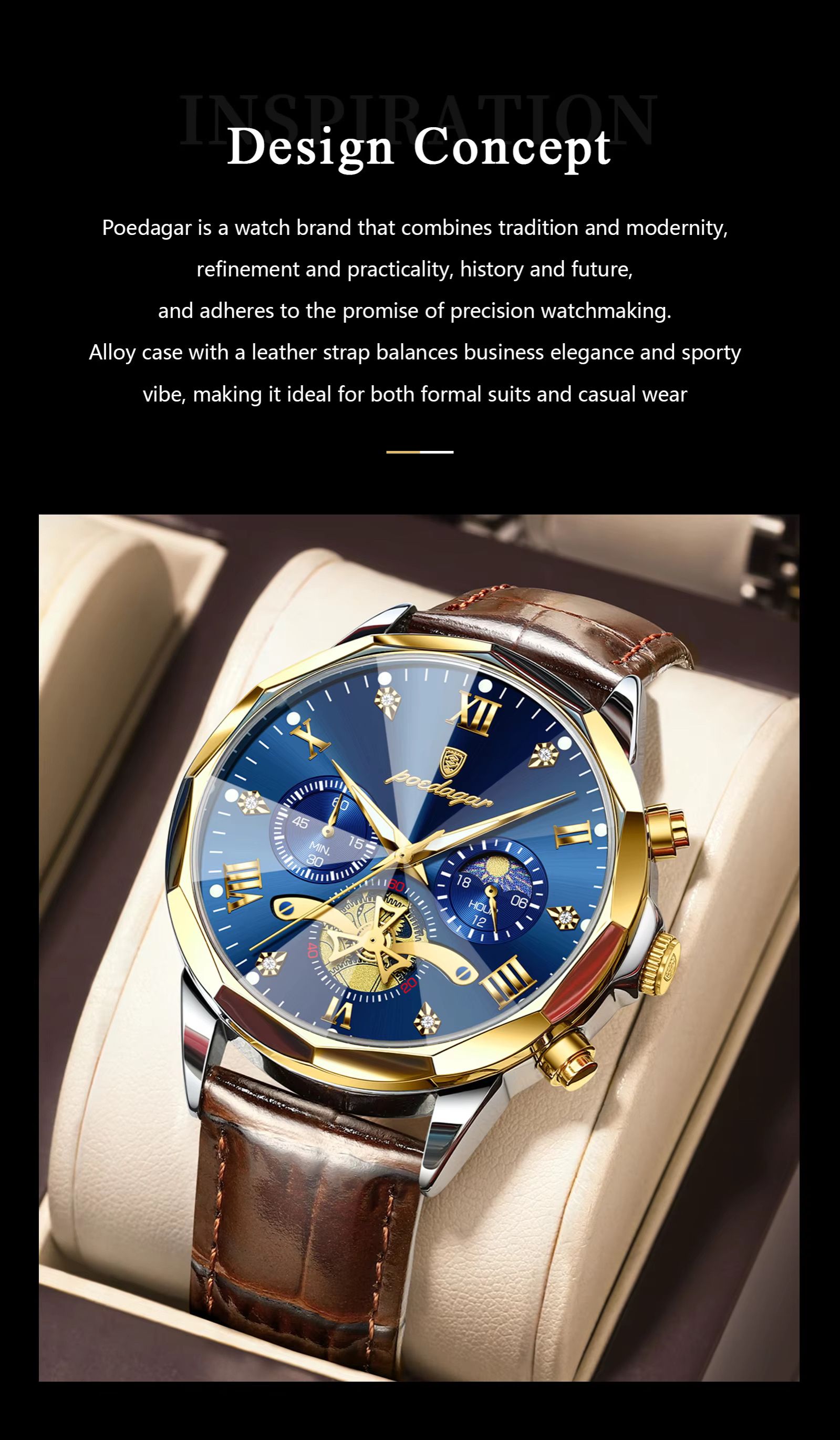 POEDAGAR 938 Men Watches Luxury Fashion Leather Belt Original Quartz Wristwatch for Man Luminous Chronograph Waterproof Watch