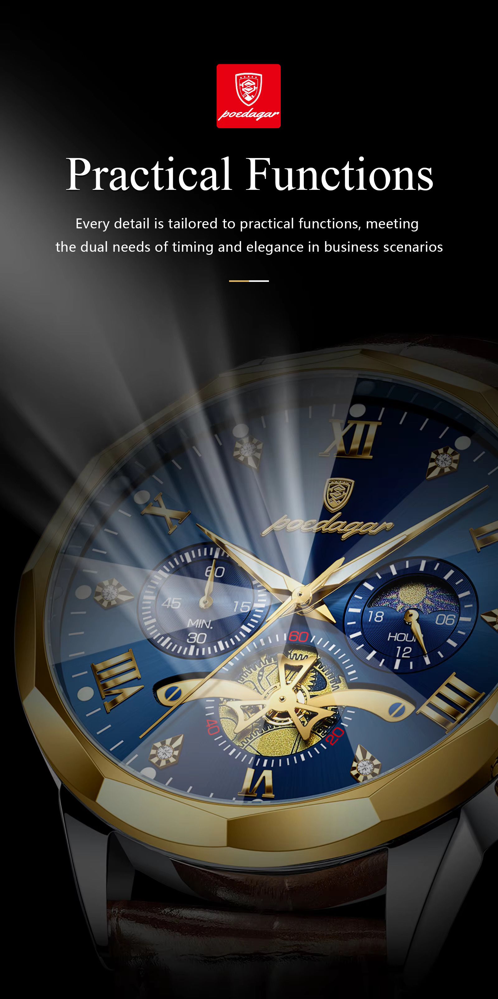 POEDAGAR 938 Men Watches Luxury Fashion Leather Belt Original Quartz Wristwatch for Man Luminous Chronograph Waterproof Watch