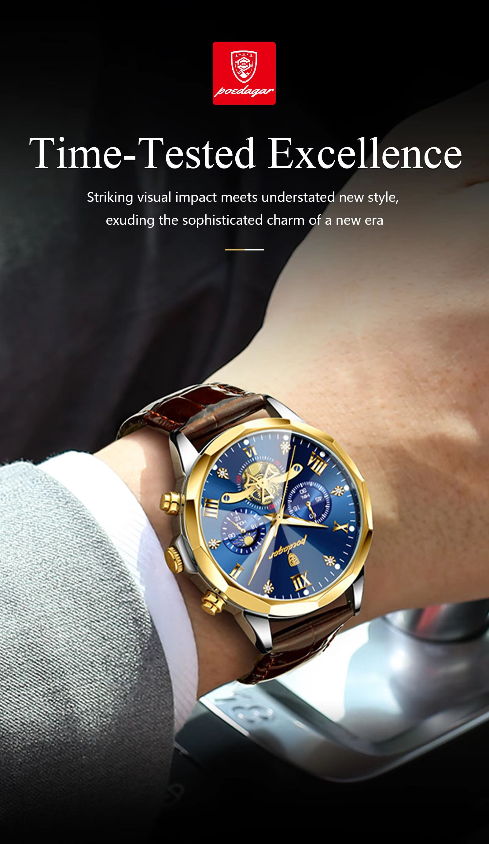 POEDAGAR 938 Men Watches Luxury Fashion Leather Belt Original Quartz Wristwatch for Man Luminous Chronograph Waterproof Watch