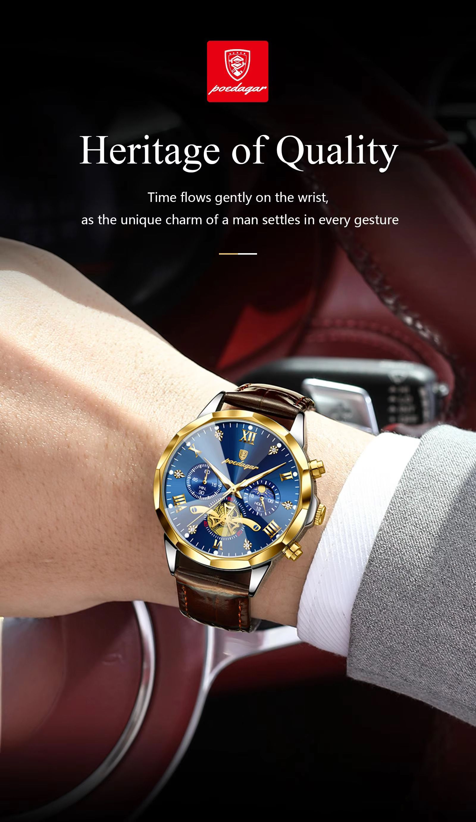 POEDAGAR 938 Men Watches Luxury Fashion Leather Belt Original Quartz Wristwatch for Man Luminous Chronograph Waterproof Watch