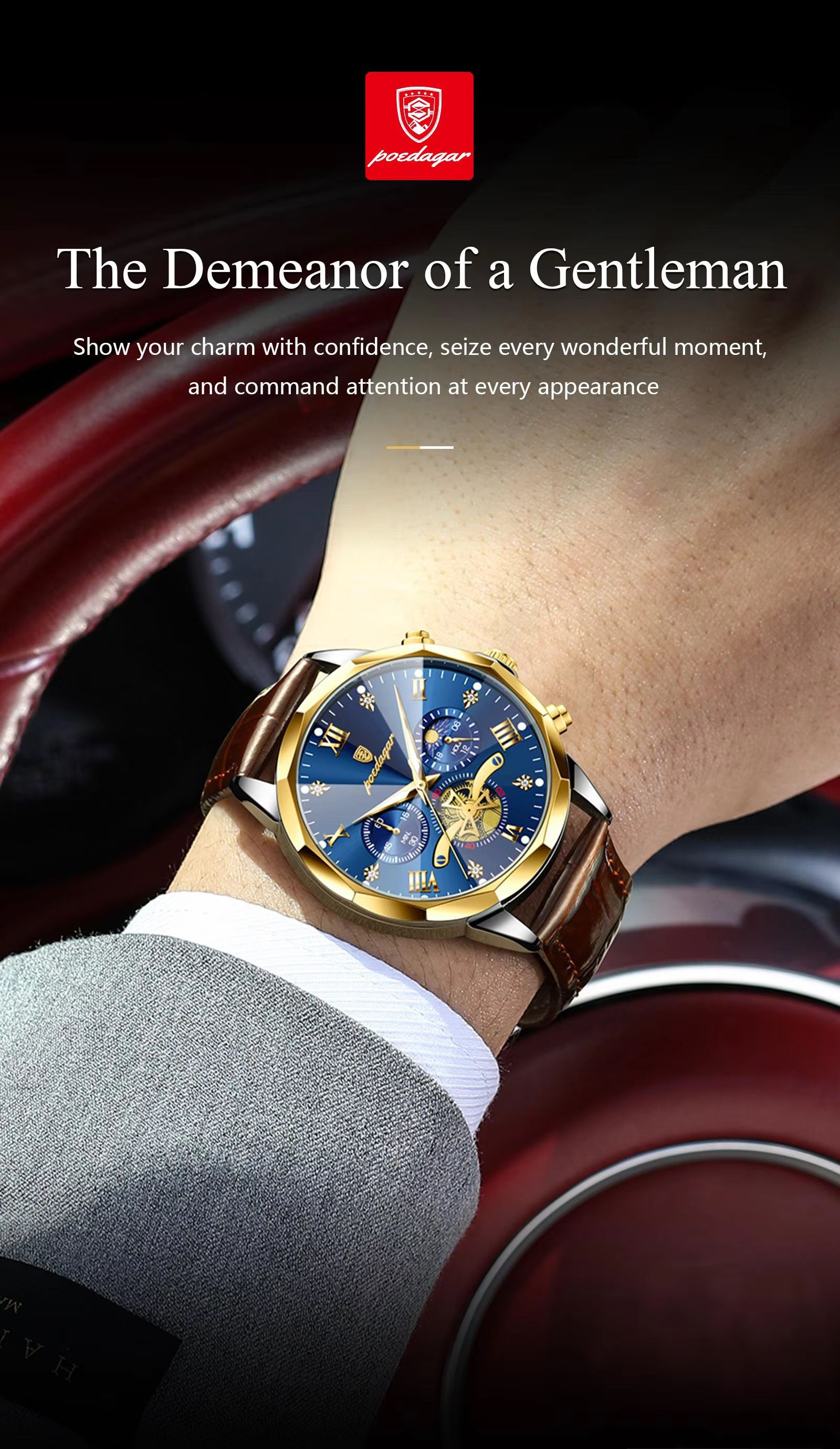 POEDAGAR 938 Men Watches Luxury Fashion Leather Belt Original Quartz Wristwatch for Man Luminous Chronograph Waterproof Watch