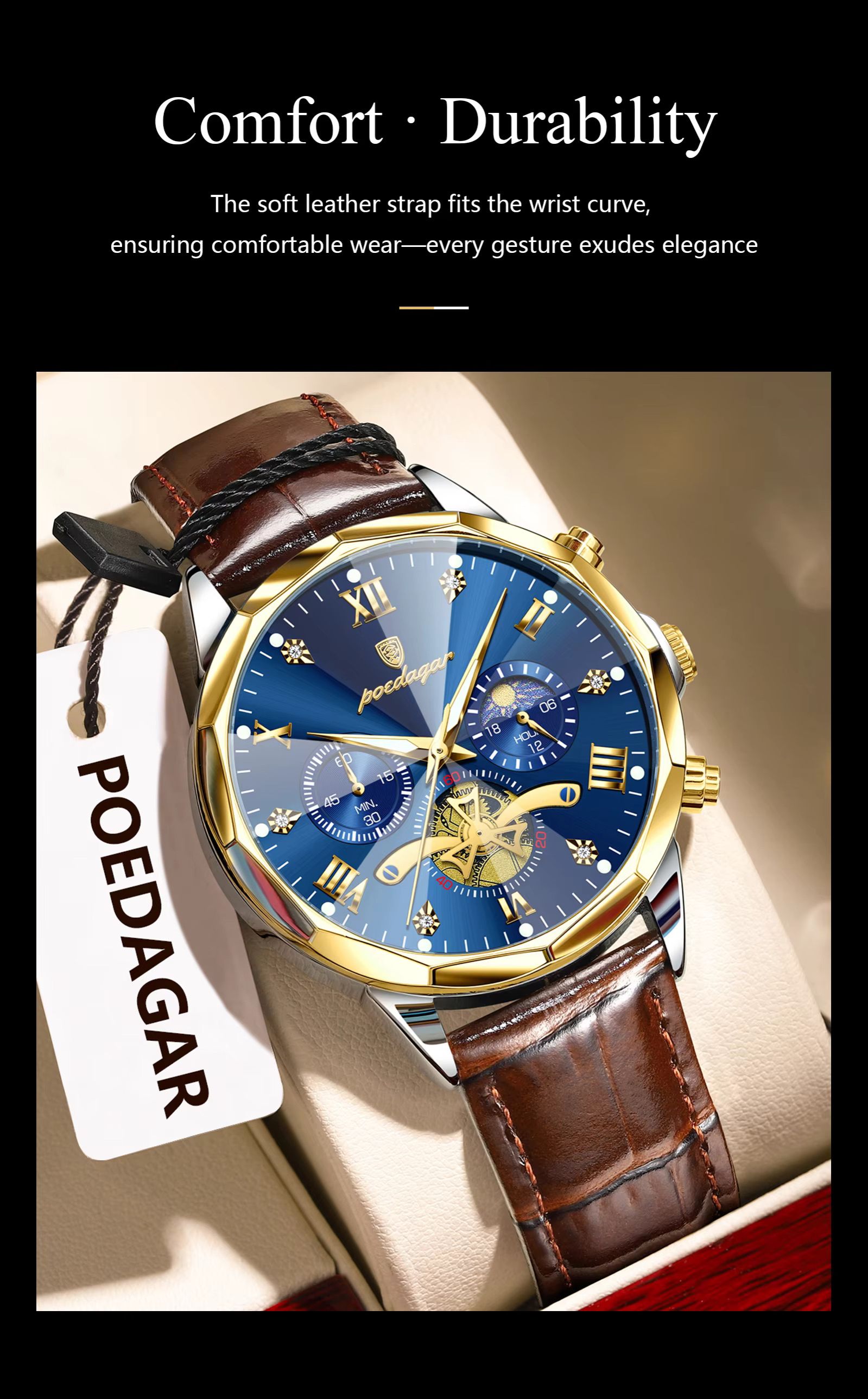 POEDAGAR 938 Men Watches Luxury Fashion Leather Belt Original Quartz Wristwatch for Man Luminous Chronograph Waterproof Watch