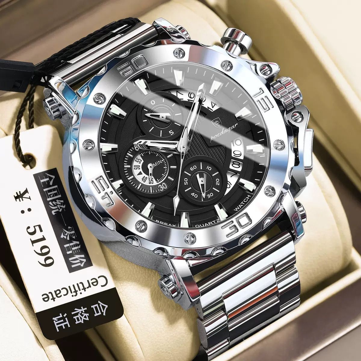 POEDAGAR 892 Top Brand Luxury Big Dial Stainless Steel Watch Luminous Waterproof Chronograph Wristwatches Date Relogio Masculino