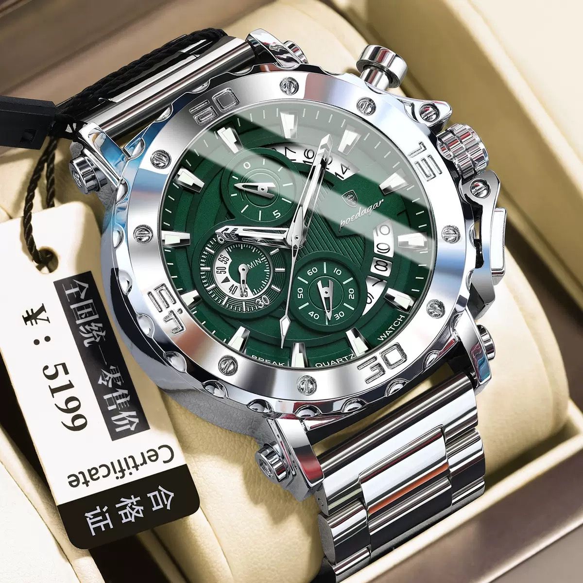 POEDAGAR 892 Top Brand Luxury Big Dial Stainless Steel Watch Luminous Waterproof Chronograph Wristwatches Date Relogio Masculino