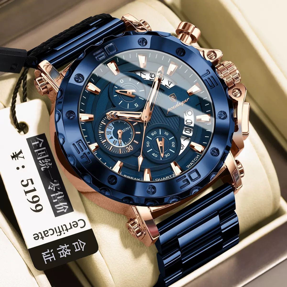 POEDAGAR 892 Top Brand Luxury Big Dial Stainless Steel Watch Luminous Waterproof Chronograph Wristwatches Date Relogio Masculino