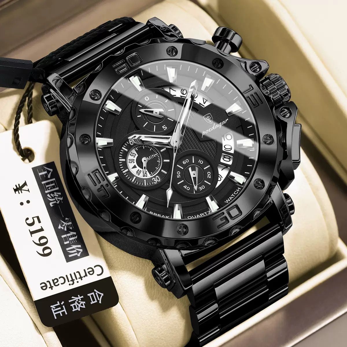 POEDAGAR 892 Top Brand Luxury Big Dial Stainless Steel Watch Luminous Waterproof Chronograph Wristwatches Date Relogio Masculino