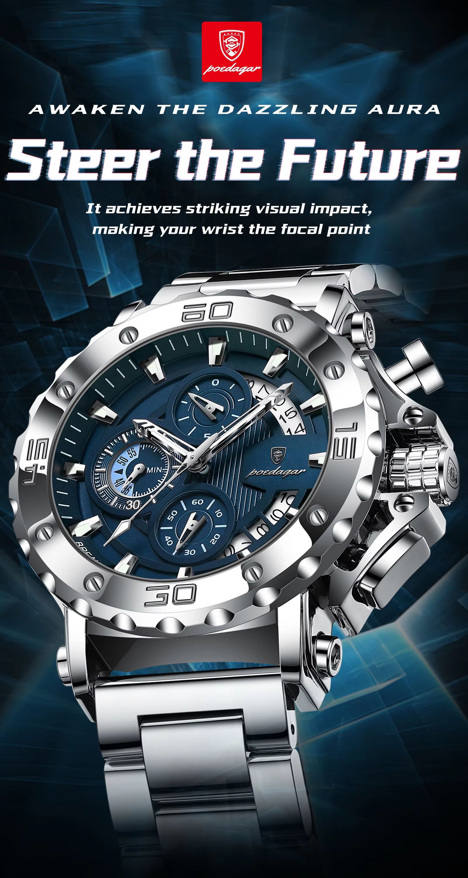POEDAGAR 892 Top Brand Luxury Big Dial Stainless Steel Watch Luminous Waterproof Chronograph Wristwatches Date Relogio Masculino