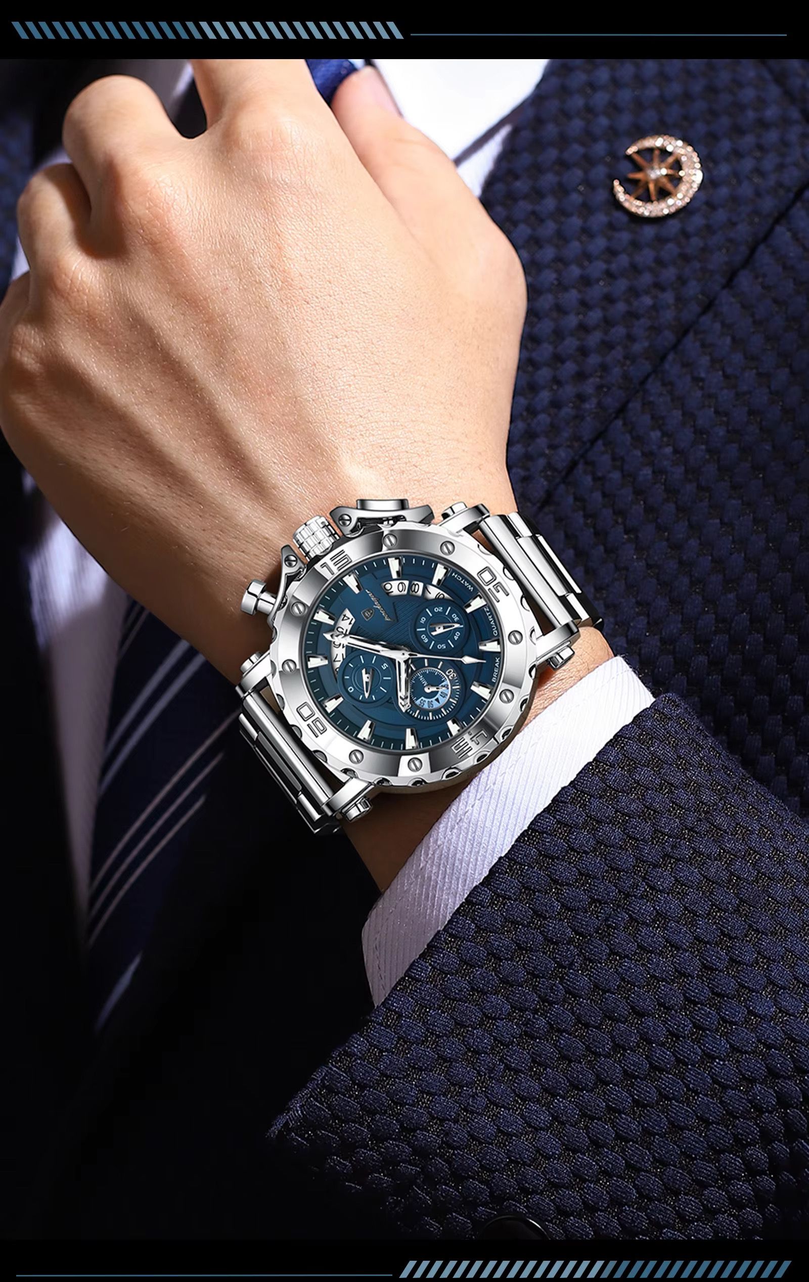 POEDAGAR 892 Top Brand Luxury Big Dial Stainless Steel Watch Luminous Waterproof Chronograph Wristwatches Date Relogio Masculino