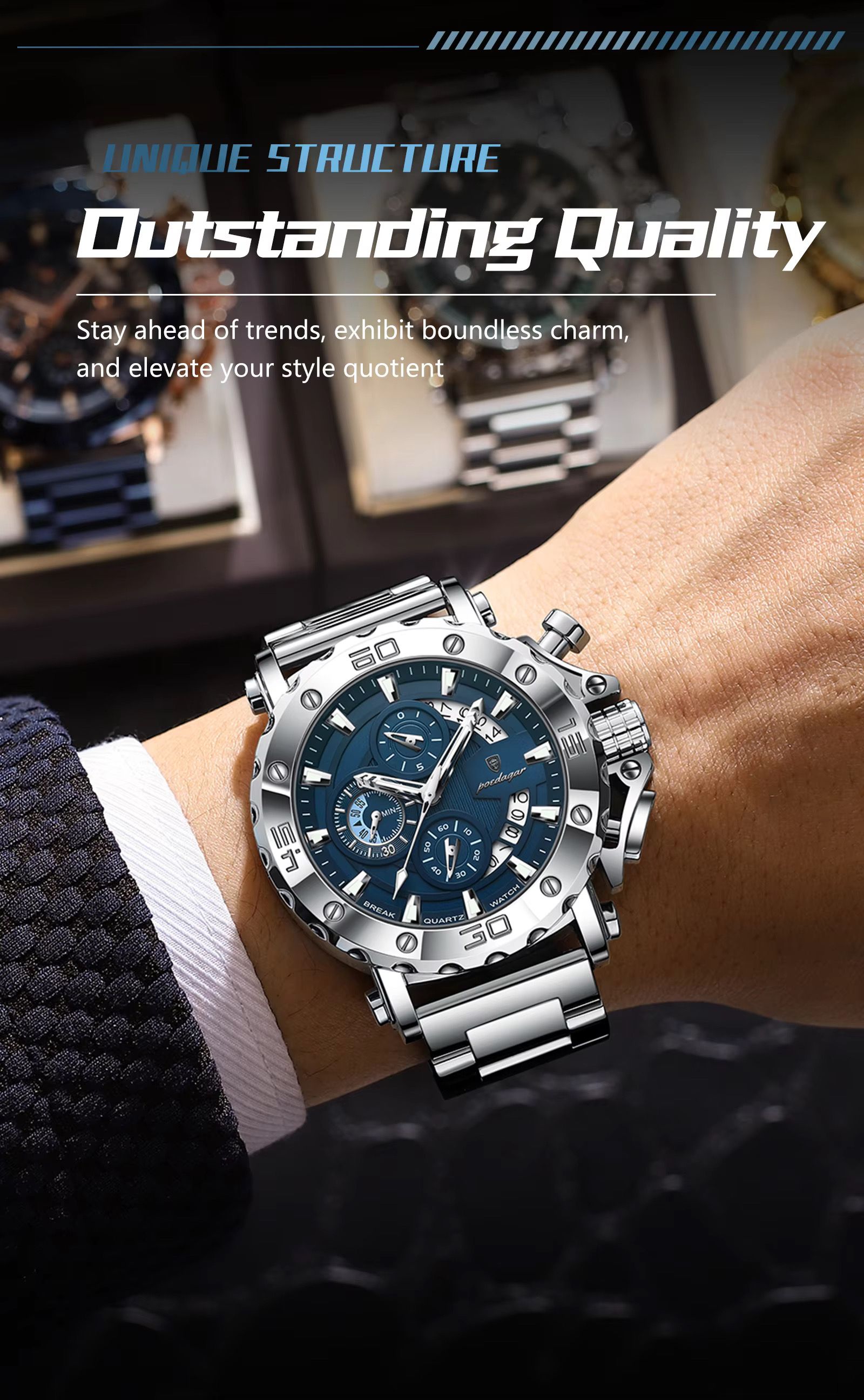POEDAGAR 892 Top Brand Luxury Big Dial Stainless Steel Watch Luminous Waterproof Chronograph Wristwatches Date Relogio Masculino