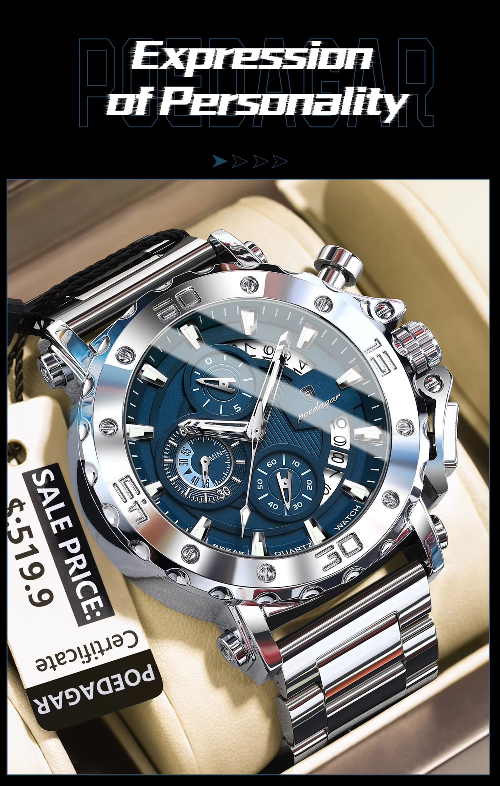 POEDAGAR 892 Top Brand Luxury Big Dial Stainless Steel Watch Luminous Waterproof Chronograph Wristwatches Date Relogio Masculino