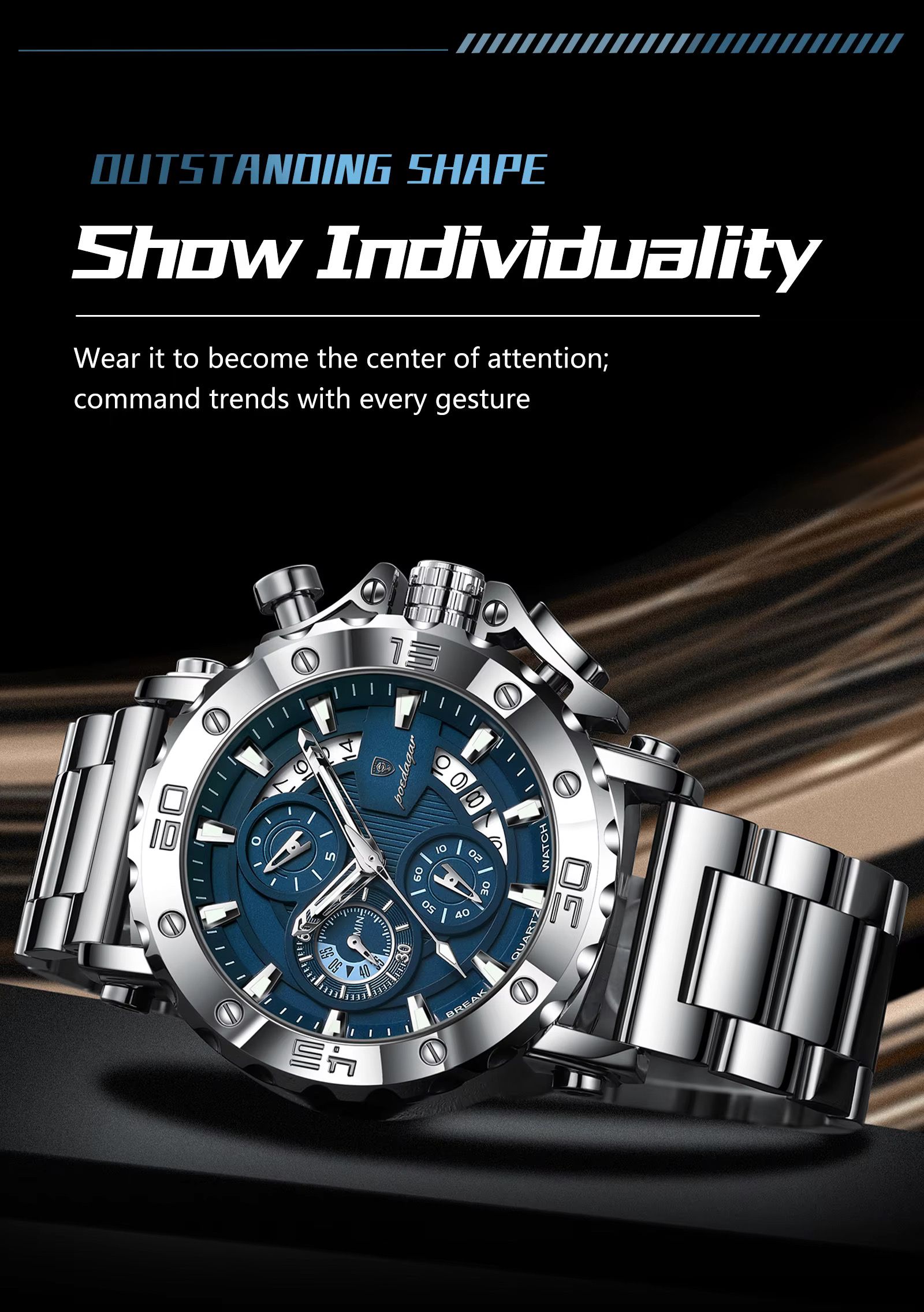 POEDAGAR 892 Top Brand Luxury Big Dial Stainless Steel Watch Luminous Waterproof Chronograph Wristwatches Date Relogio Masculino