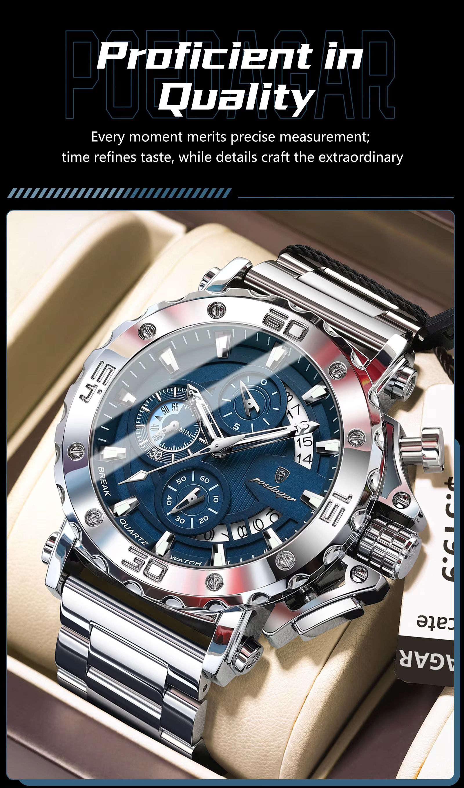 POEDAGAR 892 Top Brand Luxury Big Dial Stainless Steel Watch Luminous Waterproof Chronograph Wristwatches Date Relogio Masculino