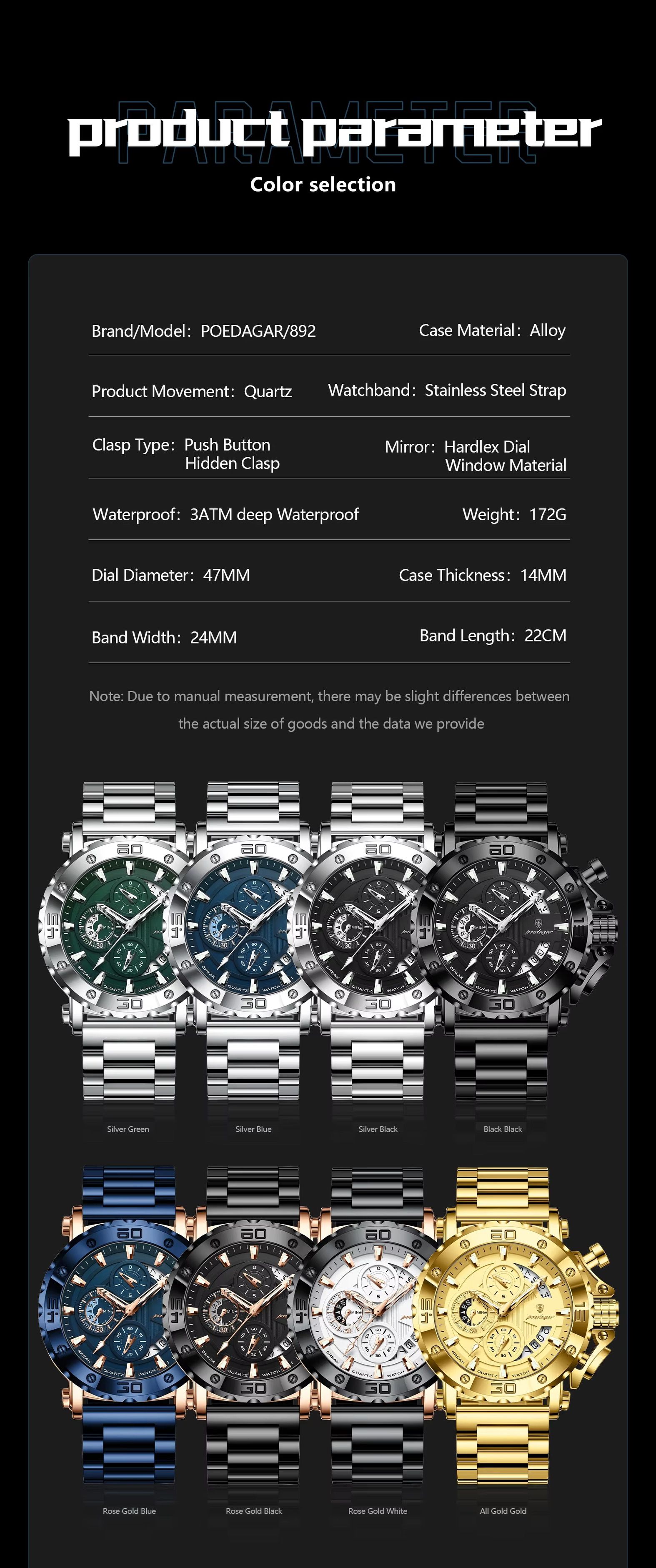 POEDAGAR 892 Top Brand Luxury Big Dial Stainless Steel Watch Luminous Waterproof Chronograph Wristwatches Date Relogio Masculino