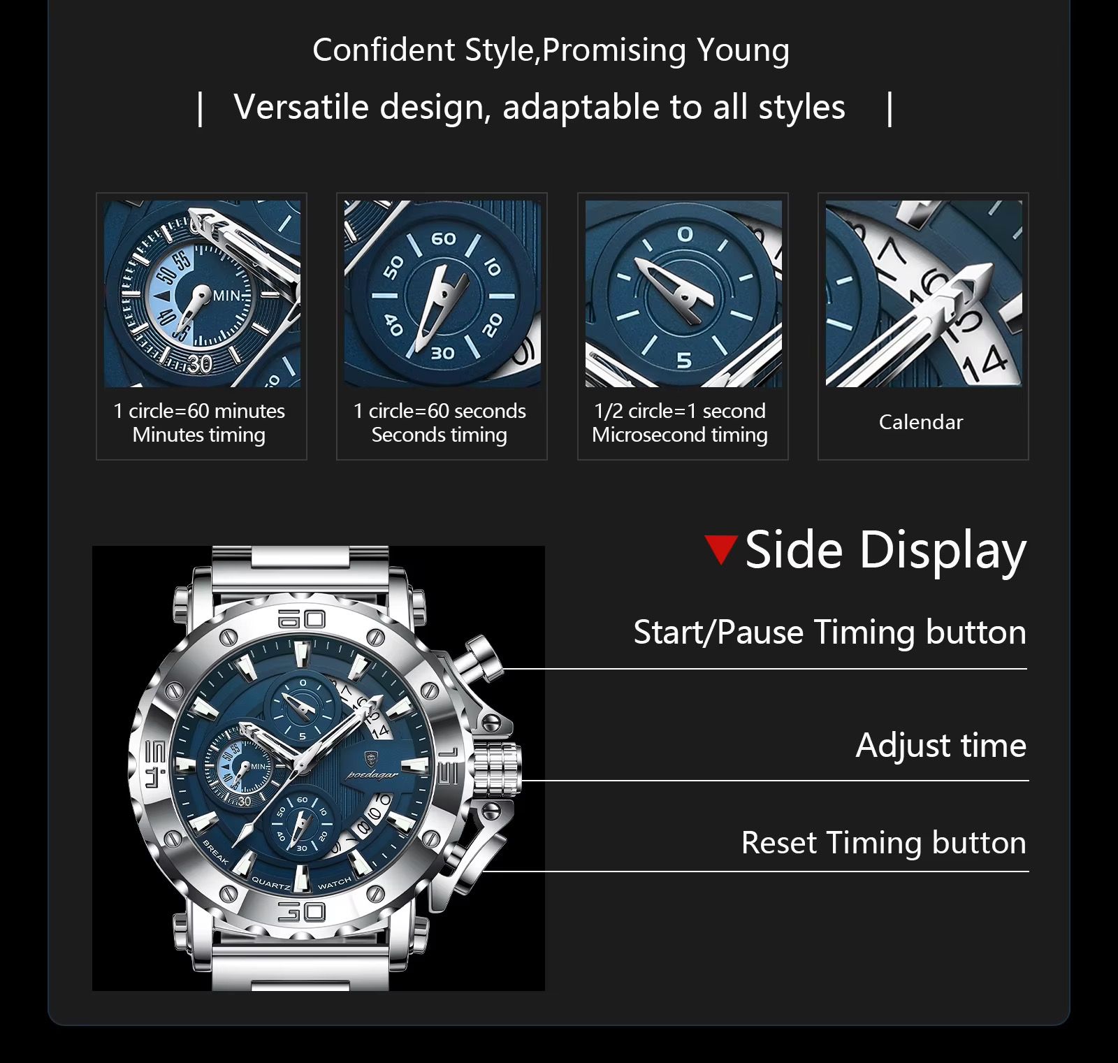 POEDAGAR 892 Top Brand Luxury Big Dial Stainless Steel Watch Luminous Waterproof Chronograph Wristwatches Date Relogio Masculino