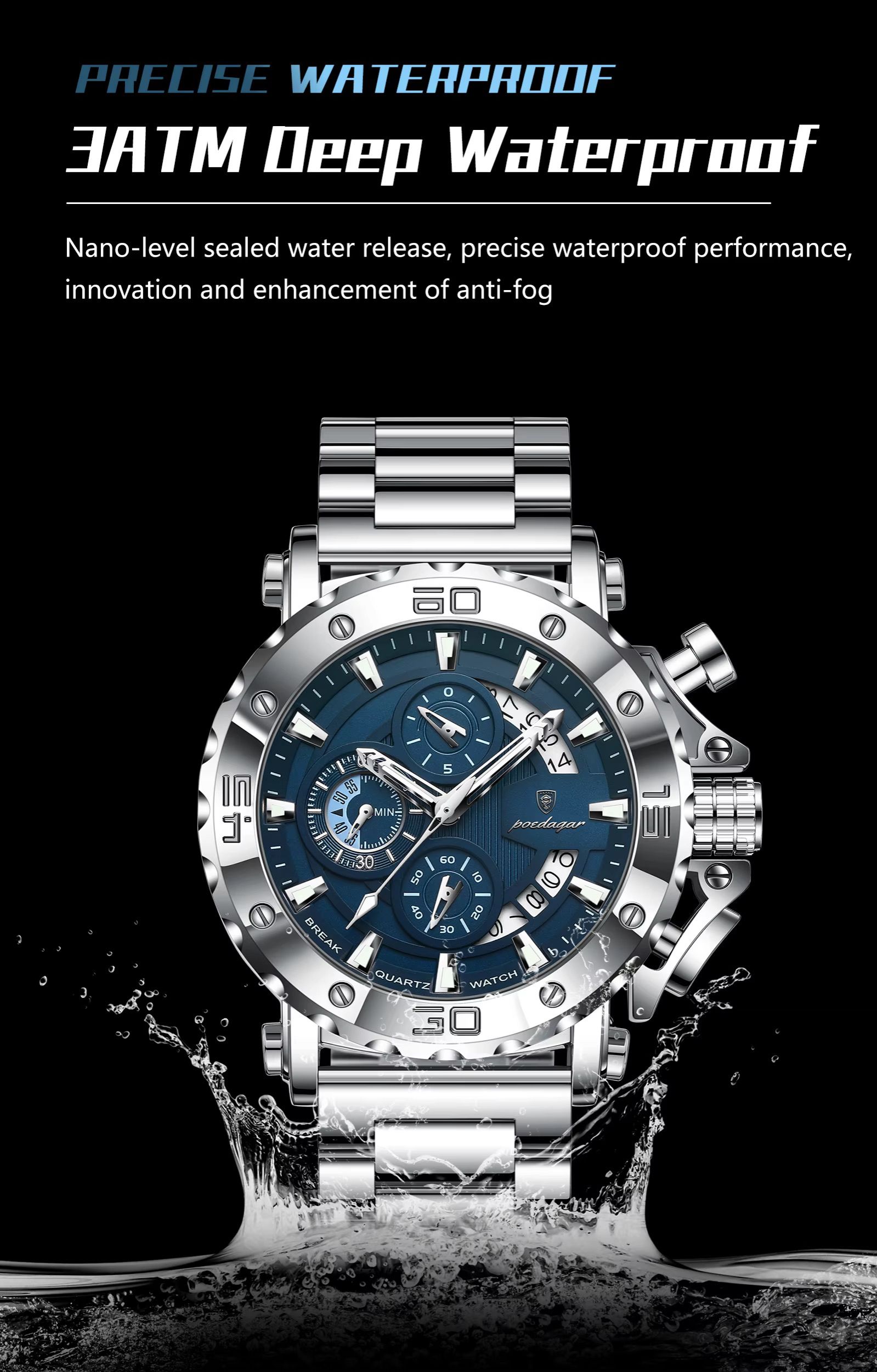 POEDAGAR 892 Top Brand Luxury Big Dial Stainless Steel Watch Luminous Waterproof Chronograph Wristwatches Date Relogio Masculino