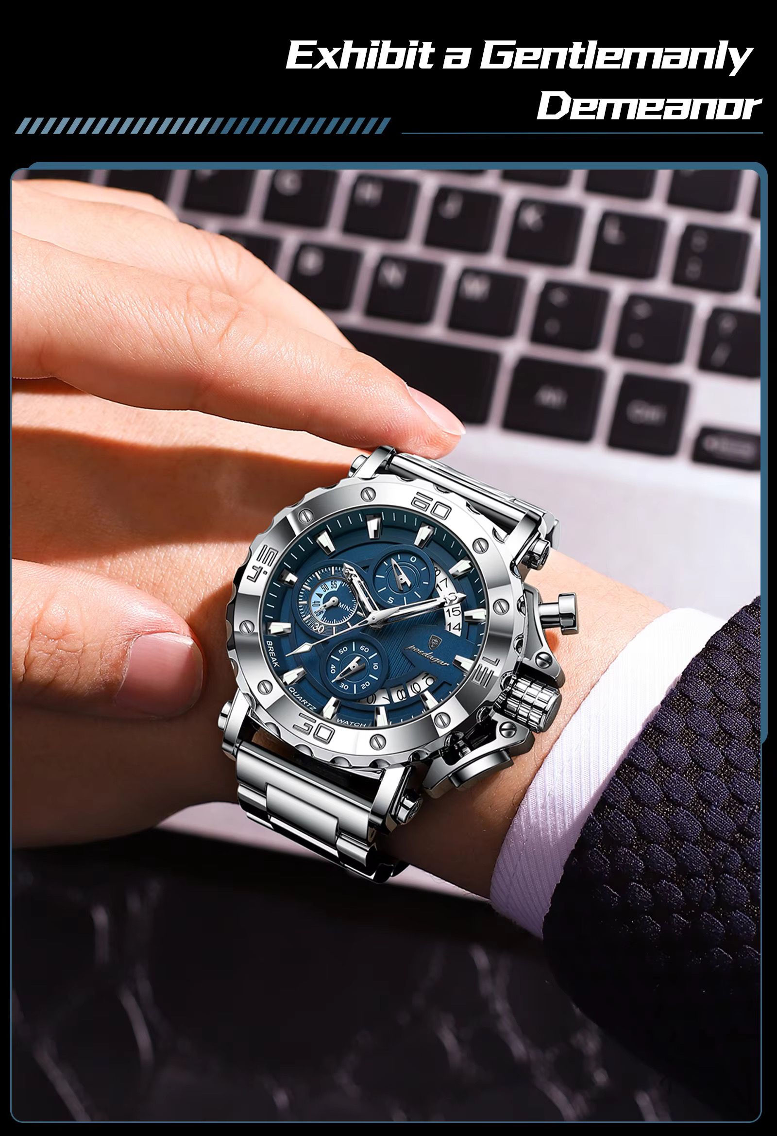 POEDAGAR 892 Top Brand Luxury Big Dial Stainless Steel Watch Luminous Waterproof Chronograph Wristwatches Date Relogio Masculino